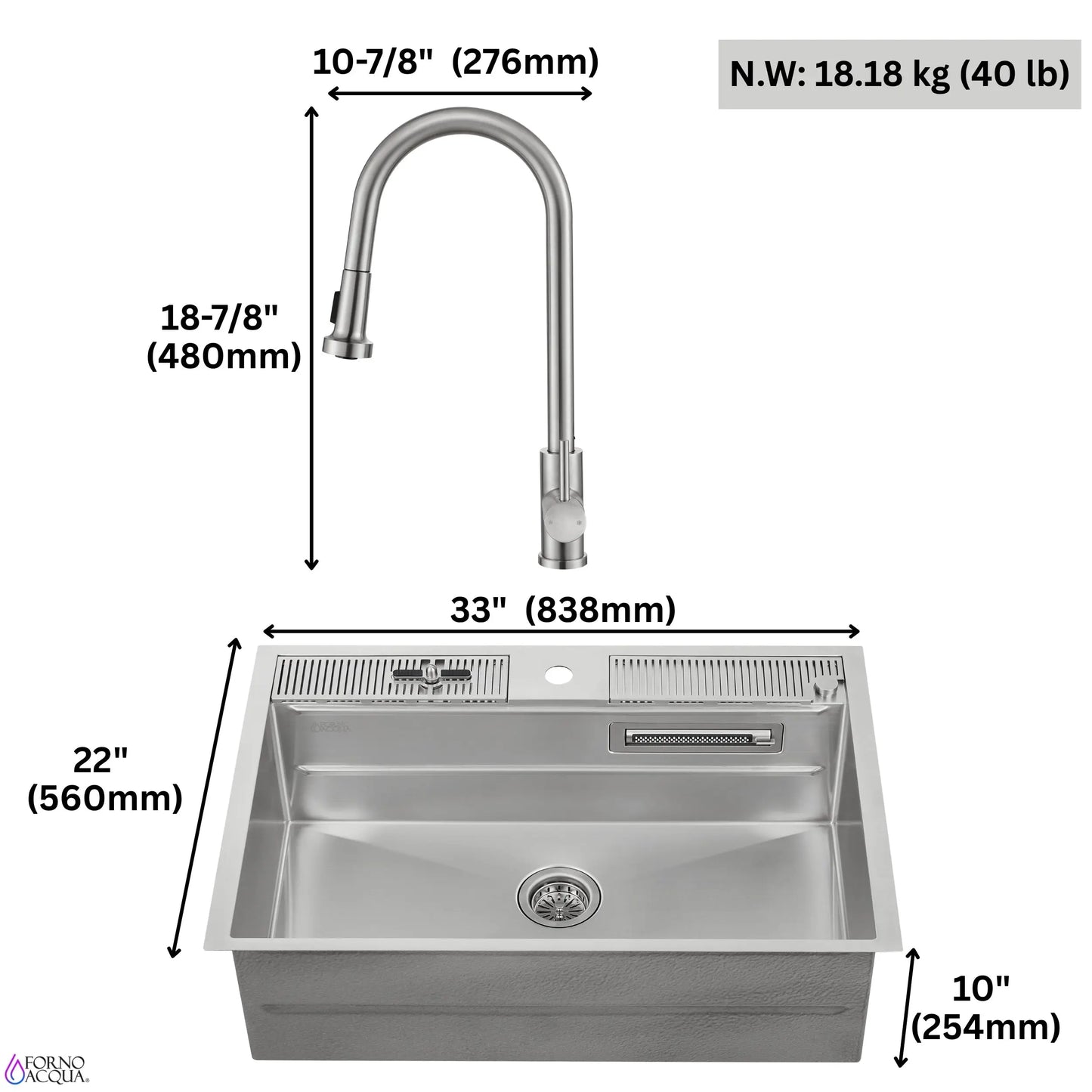 FORNO ACQUA 33 in. Drop-In/Undermount 3-Level Workstation Sink with Faucet, Waterfall & Glass Rinser FORNO ACQUA