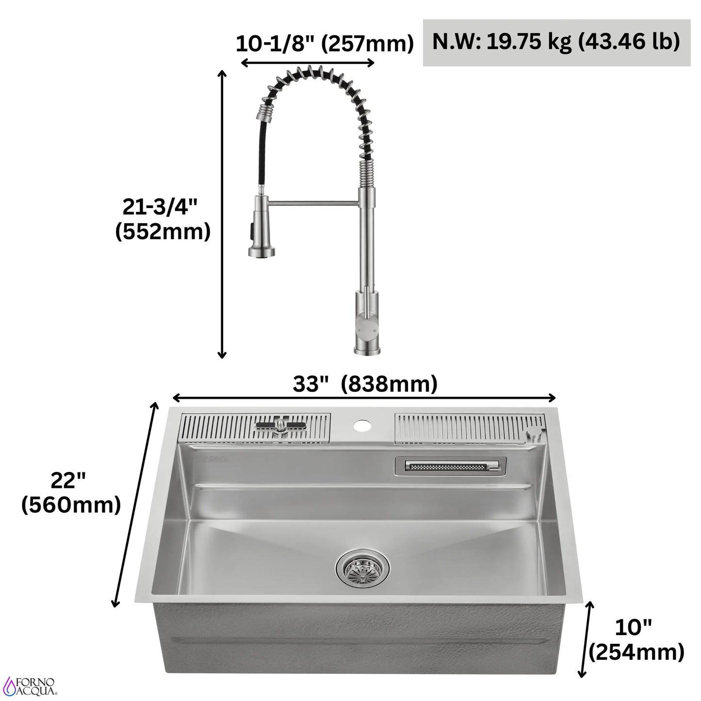 FORNO ACQUA MultiSINK kit with Integrated Waterfall Rinsing and Glass Washing Station. Includes Chef Faucet and Accessories. FORNO ACQUA