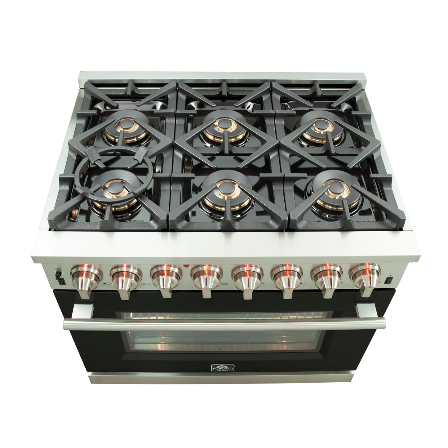 Forno Capriasca 36-Inch Freestanding Dual Fuel Range, 6 Burners, True Convection Oven, Black Door FORNO