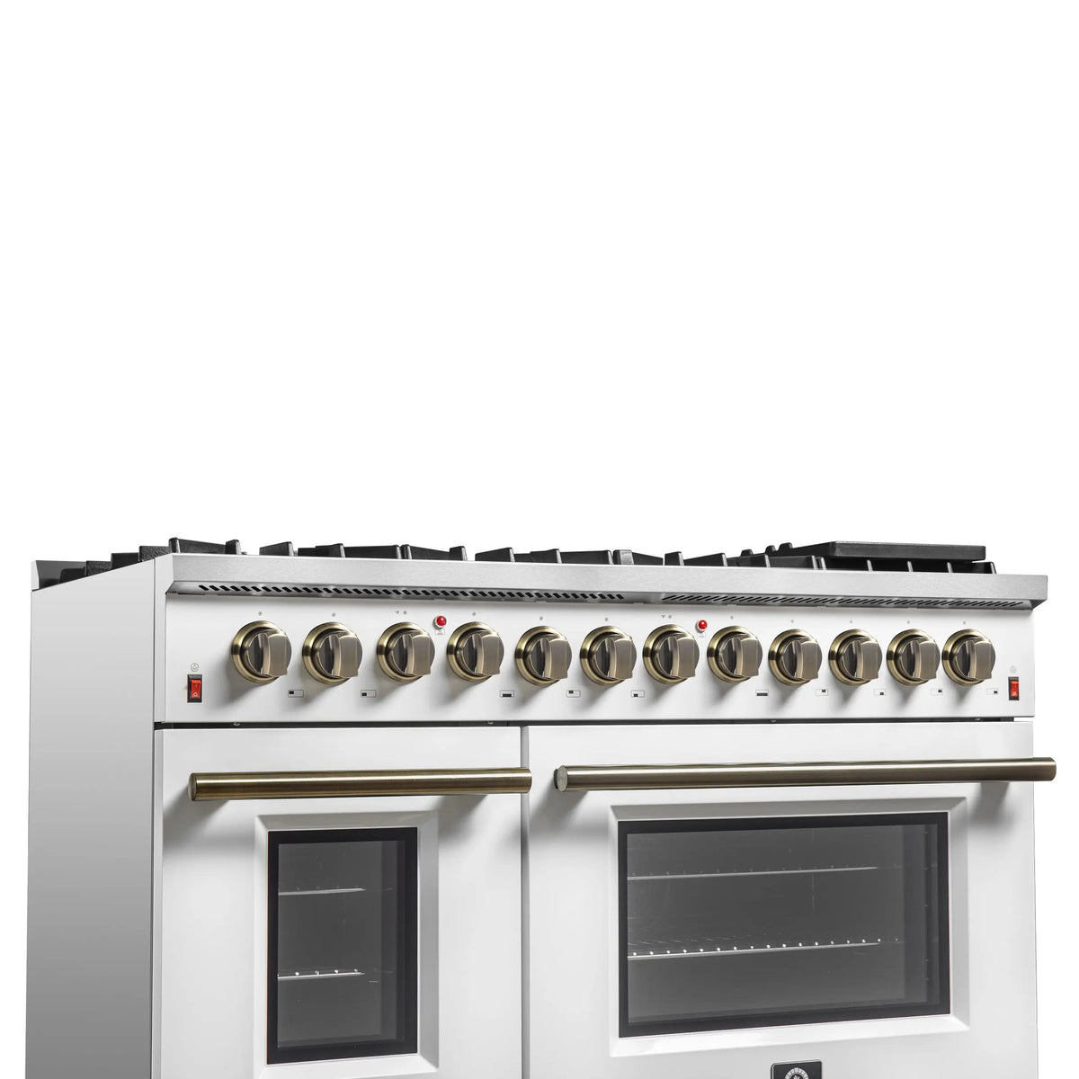 Galiano 48-inch Dual Fuel Range White & Antique Brass Design with 8 Sealed Burners 107,000 BTU, 6.58 cu. ft. double ovens & Griddle FORNO