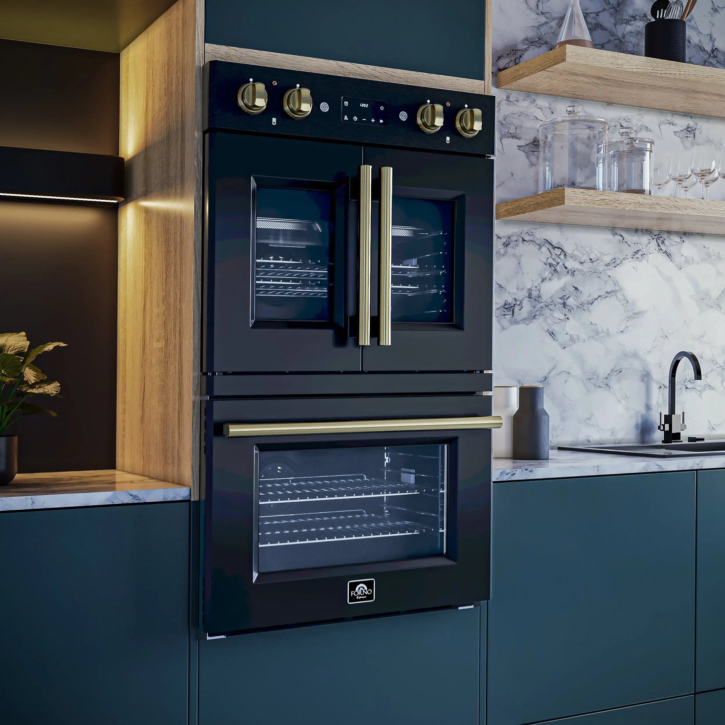 Forno Asti 30-Inch Double Electric Wall Oven with Upper French Doors in Black & Antique Brass, 7.36 cu. ft. FORNO