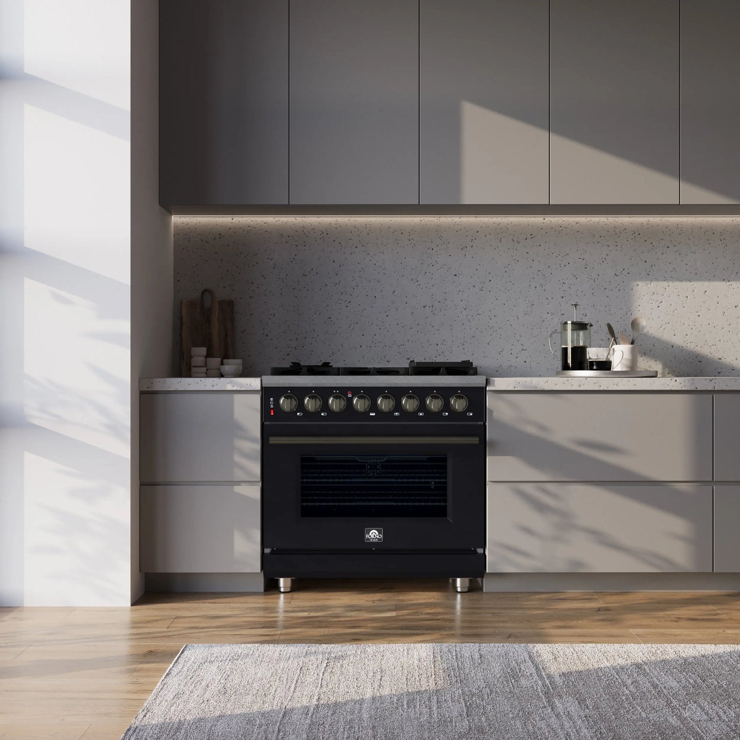 Forno Massimo 36 Inch Freestanding Dual Fuel Range in Black with Antique Brass Accessories, 6 Burners, 5.36 cu. ft. Convection Oven FORNO