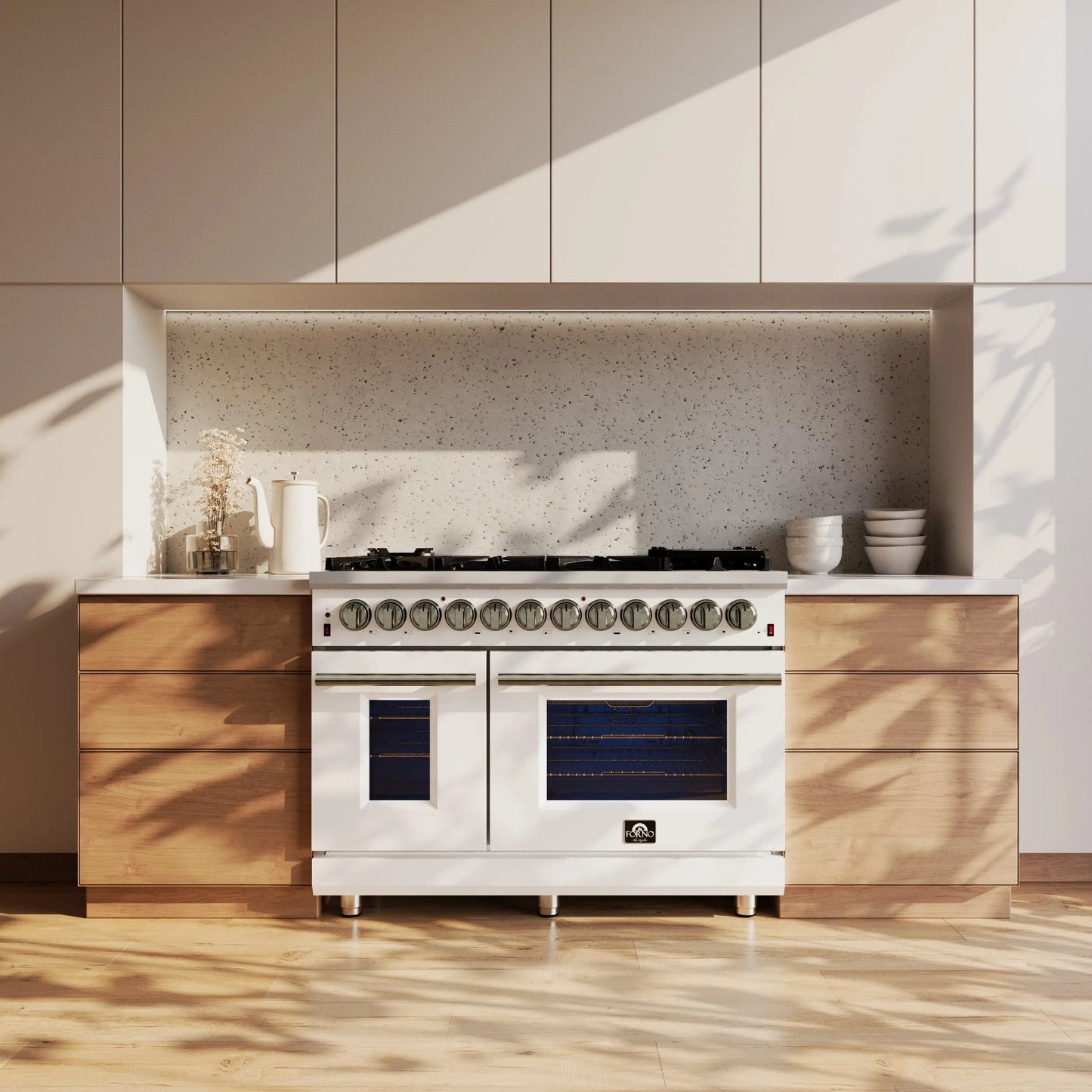 Forno Massimo 48 Inch Freestanding Dual Fuel Range in White with Antique Brass Accessories, 8 Burners, 6.58 cu. ft. Convection Oven FORNO
