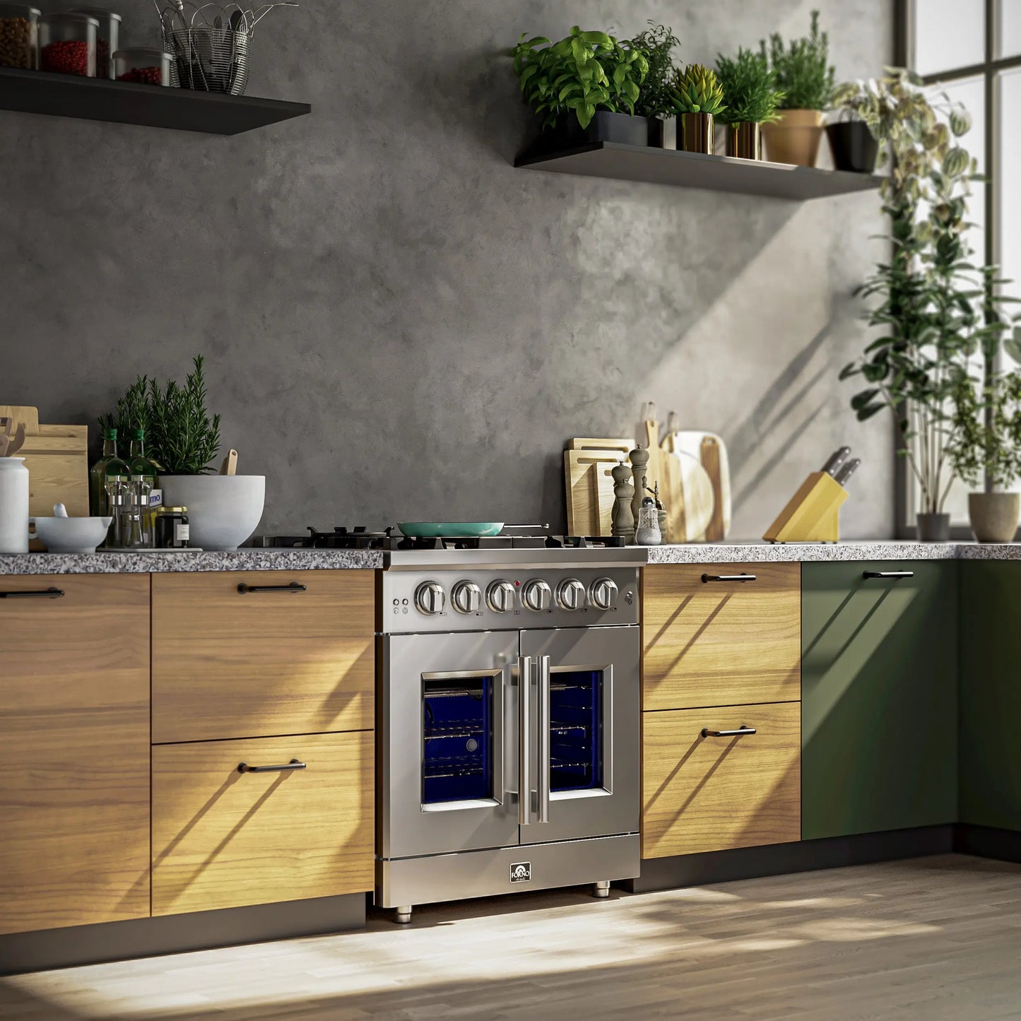 Forno Massimo 30-Inch Freestanding French Door Gas Range, 4 Burners, Convection Oven, Energy Efficient FORNO