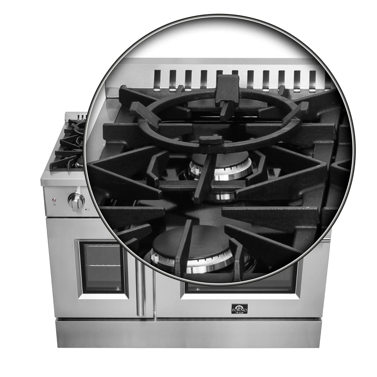 Forno Galiano 48-Inch Freestanding French Door Gas Range, 8 Burners, Griddle, Convection Oven, Energy Efficient FORNO