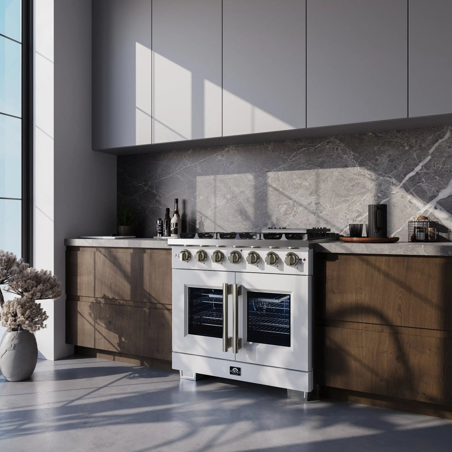Forno Capriasca 36-Inch White Freestanding French Door Gas Range, 6 Burners, Convection Oven, Energy Efficient FORNO