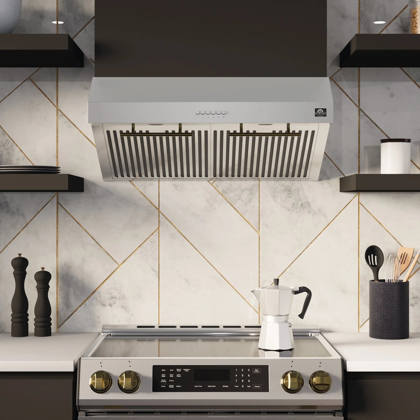 FORNO Premium 4-Piece Kitchen Bundle - 30" Electric Range, 30" Range Hood, 31" French Door Refrigerator, 24" Built-In Dishwasher, Stainless Steel - FBDL-010-01US FORNO