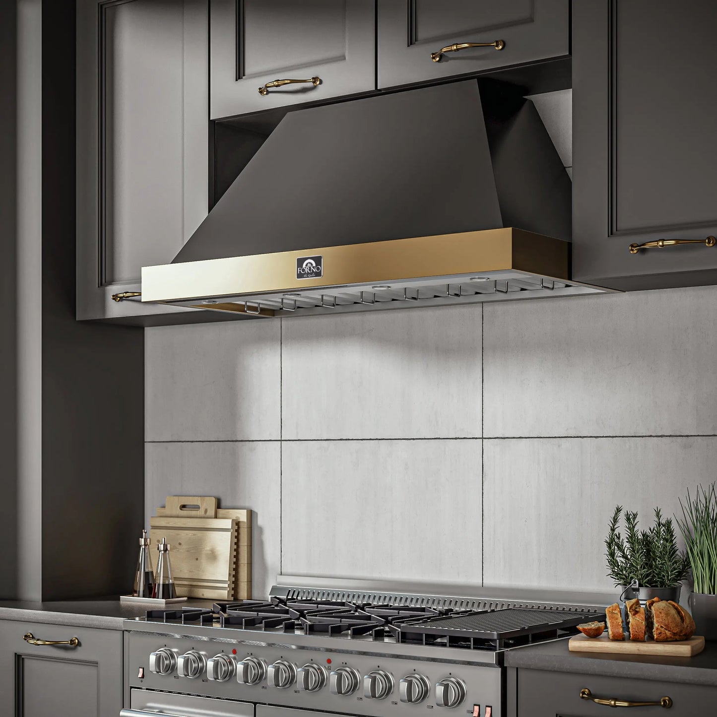 Forno Vittorio 48-Inch Wall Mount Range Hood, Black with Antique Brass Trim, 424 CFM Airflow, Dishwasher-Safe Baffle Filters, Remote Control, 3-Speed Fan, Bright LED Lighting. FORNO