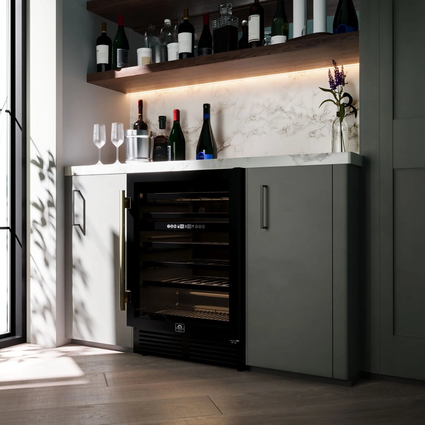 Forno Bacchino 24 Inch Wine Cooler, Black with Antique Brass Handles, with LED Lighting, Triple Glass Door, 51 Bottle Capacity, Built-In FORNO