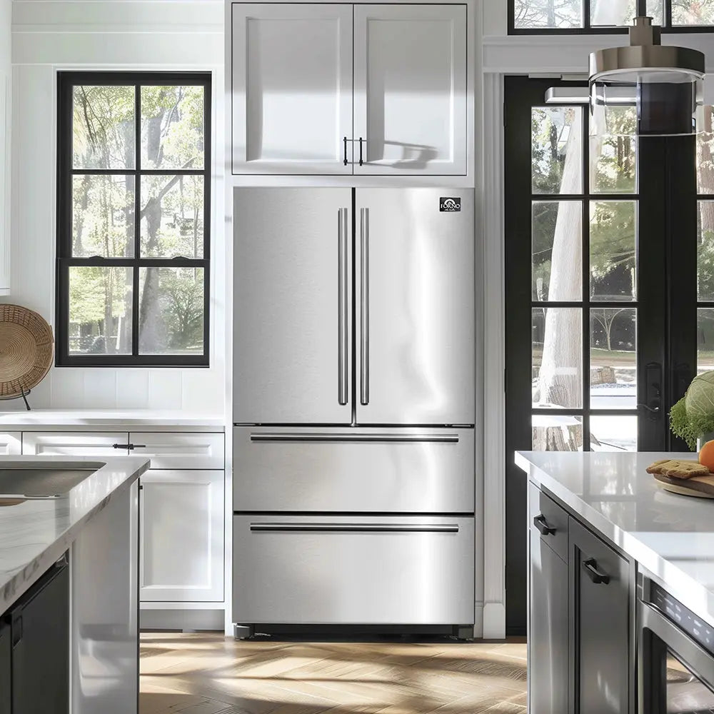 Forno Moena 36-Inch French Door Refrigerator, 19.2 cu.ft, Counter Depth, Ice Maker, Stainless Steel Interior Panel, ENERGY STAR Certified FORNO