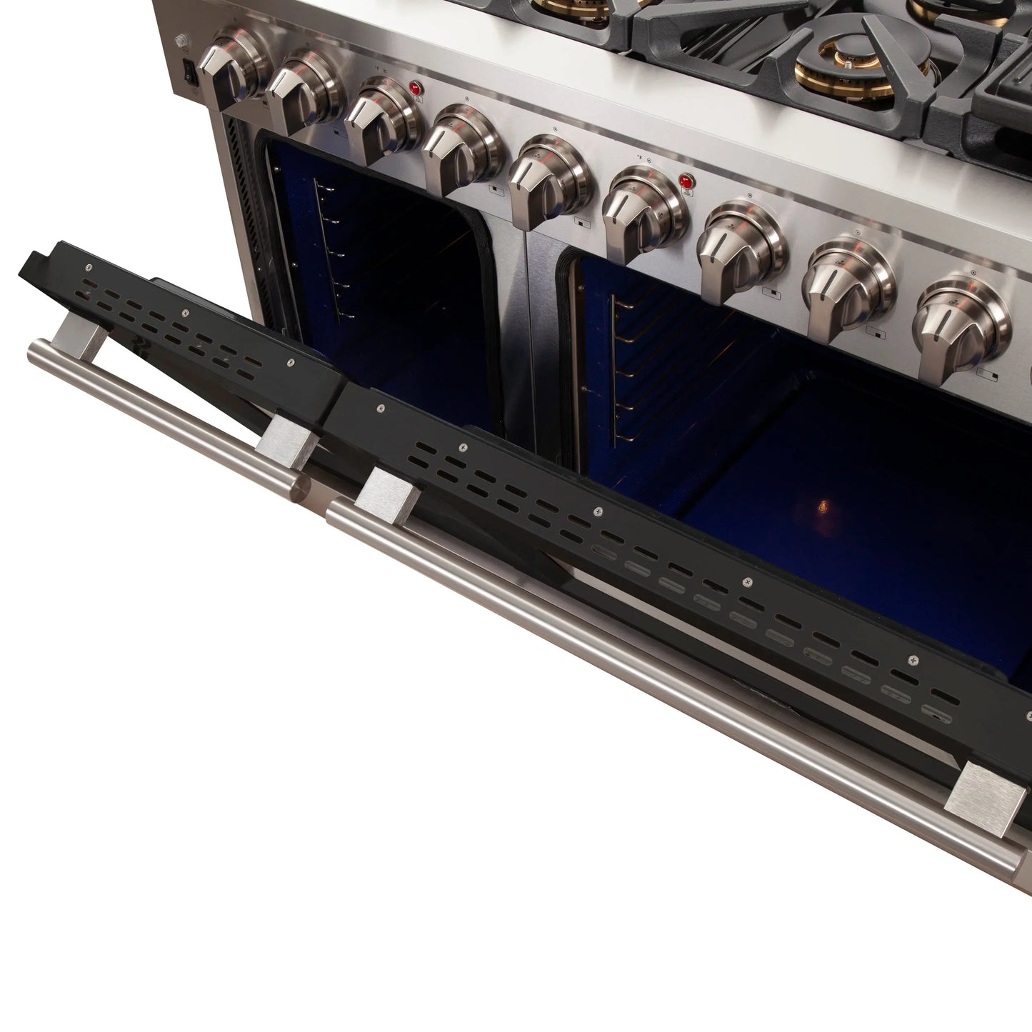 FORNO Capriasca 48-inch Gas Range Stainless Steel, 8 Brass Burners 160,000 BTU, 6.58 cu.ft. Double Oven, Black Doors FORNO