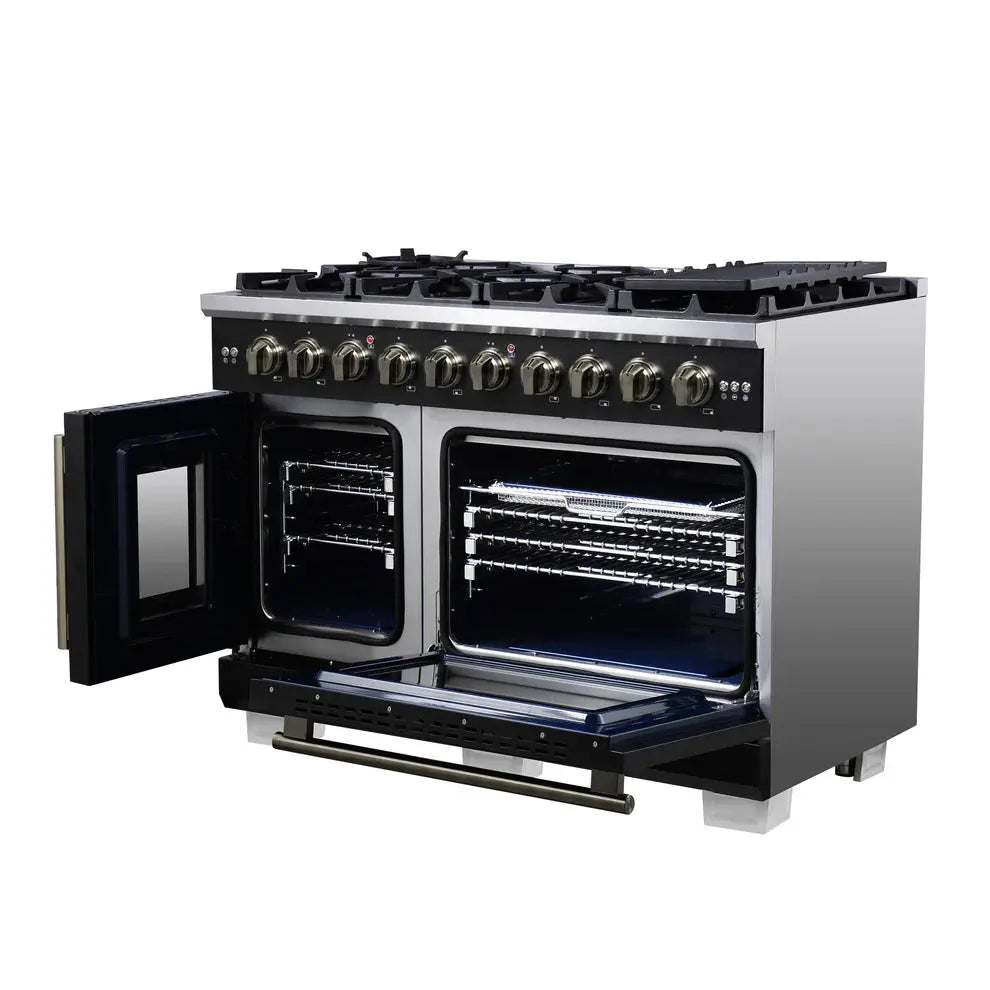 Forno Capriasca 48-Inch Black Freestanding French Door Gas Range, 8 Burners, Convection Oven, Energy Efficient FORNO
