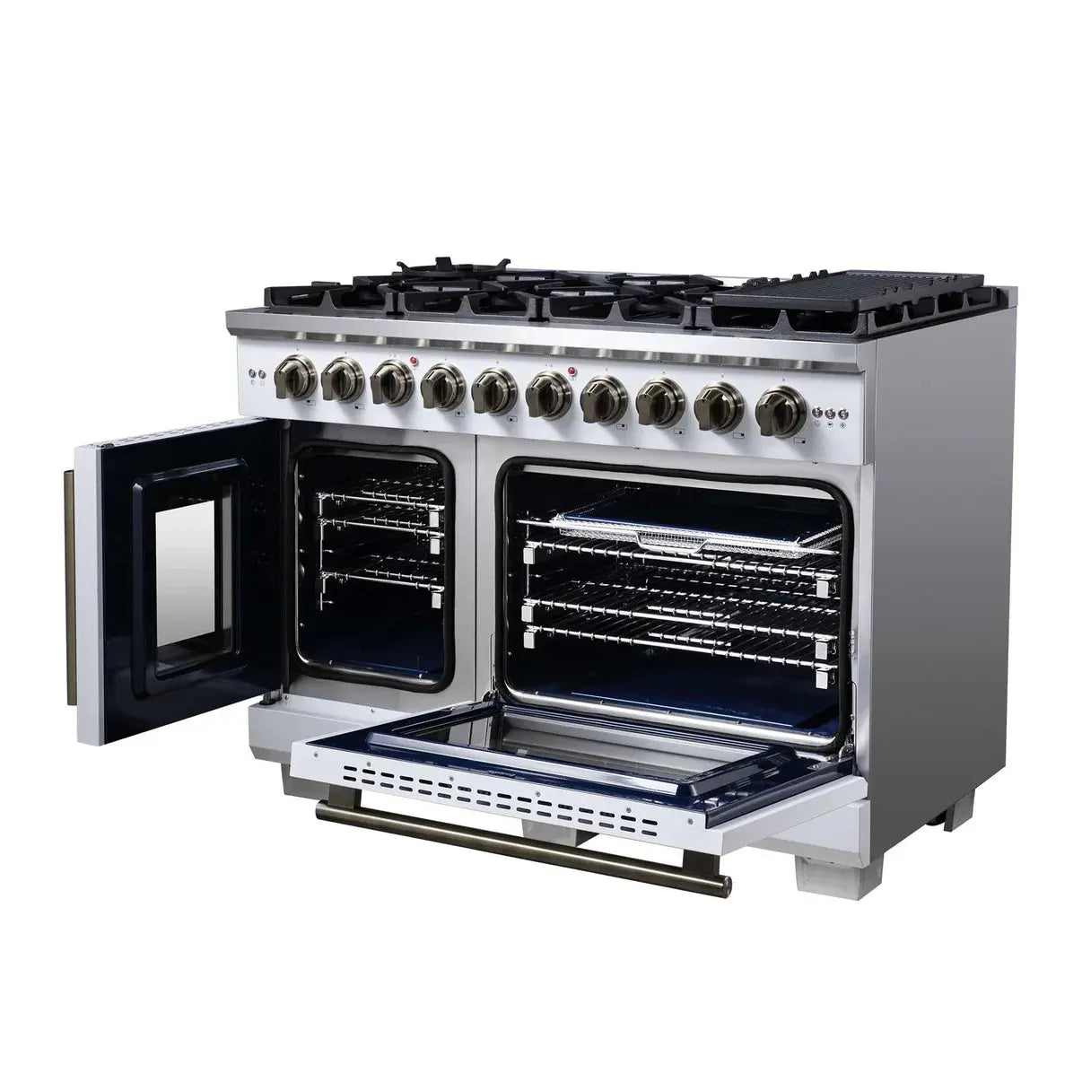 Forno Capriasca 48-Inch White Freestanding French Door Gas Range, 8 Burners, Convection Oven, Energy Efficient FORNO
