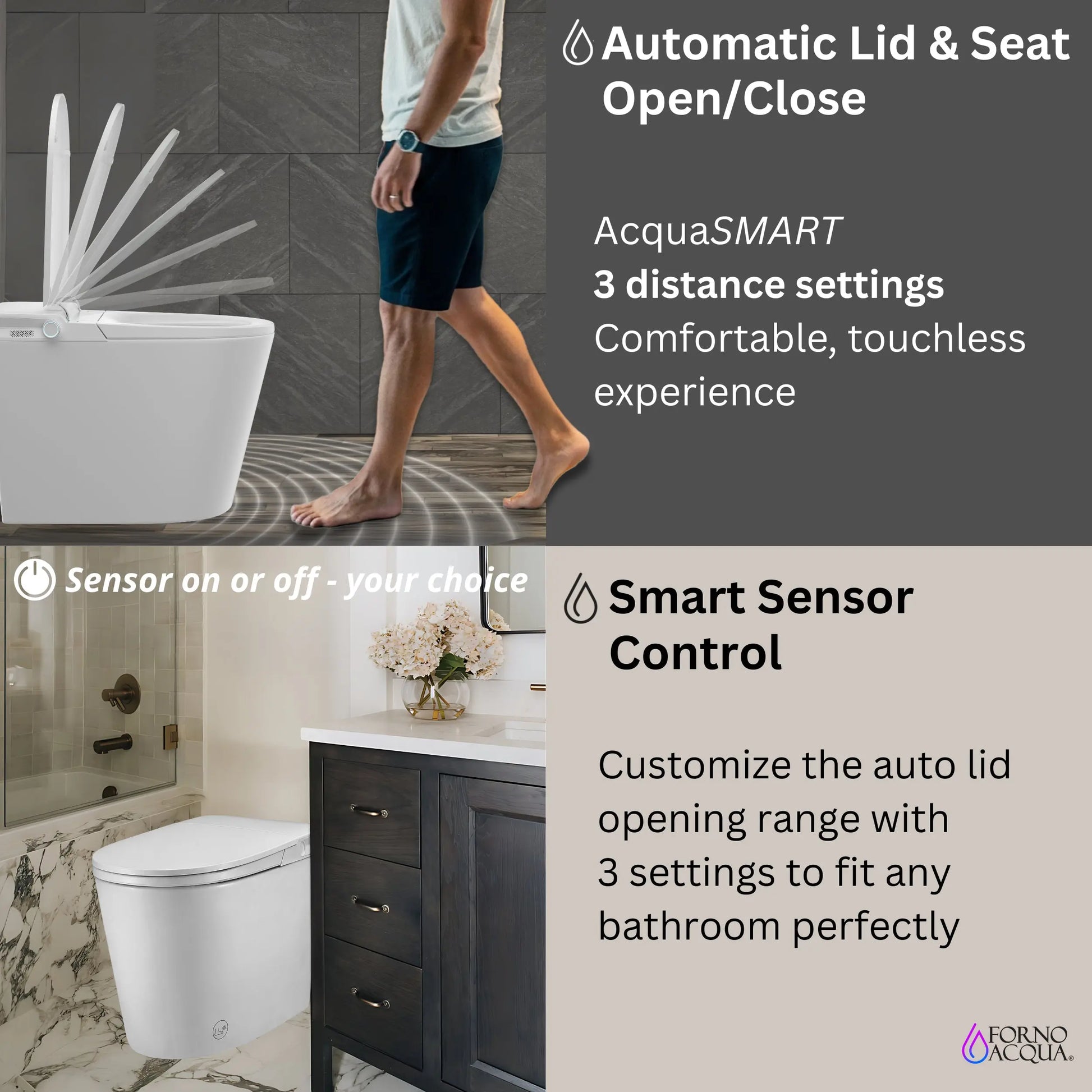 FORNO ACQUA Luxurious Super Smart Toilet. Includes Bidet, Heated Seat, Auto Flush, Auto Lid, Powerful Flush, Ideal for master bathrooms. FORNO ACQUA