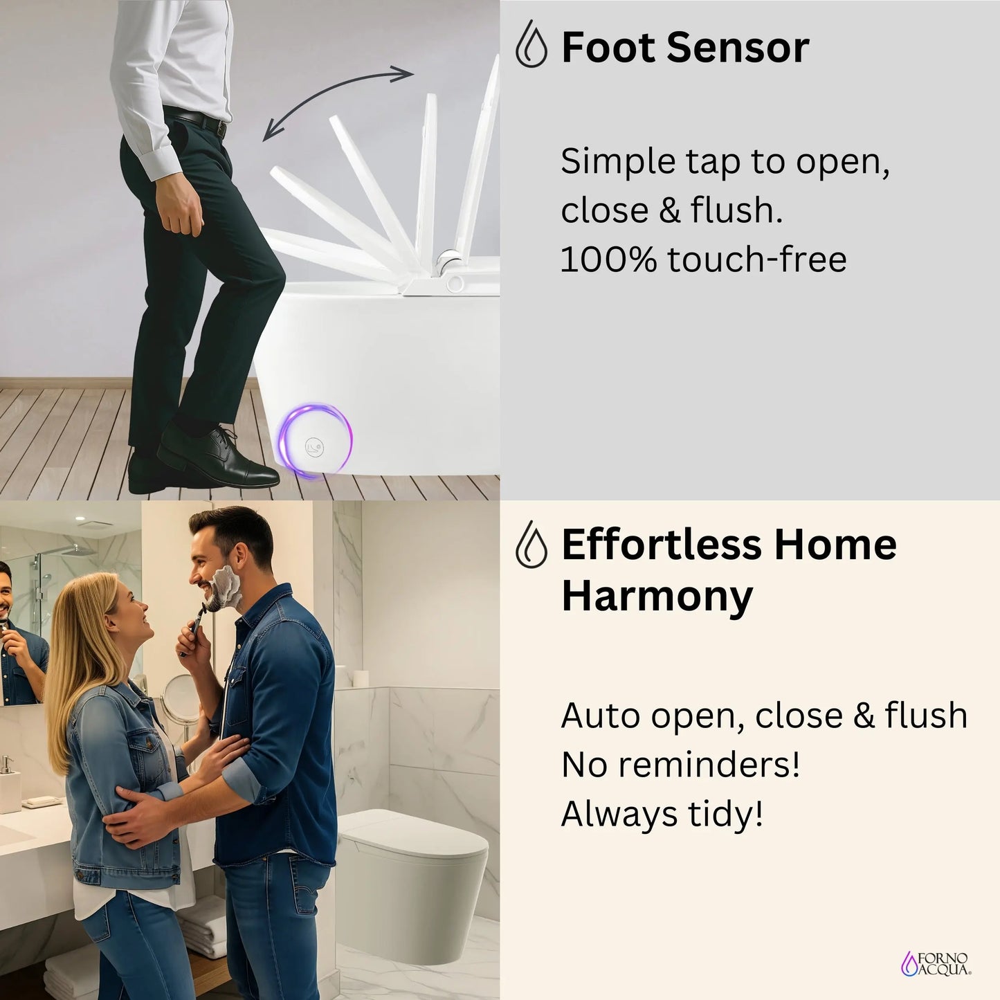 FORNO ACQUA Luxurious Smart Toilet. Includes Auto Flush, Auto Lid, Powerful Flush, sleek tankless design Ideal for Powder Rooms. FORNO ACQUA