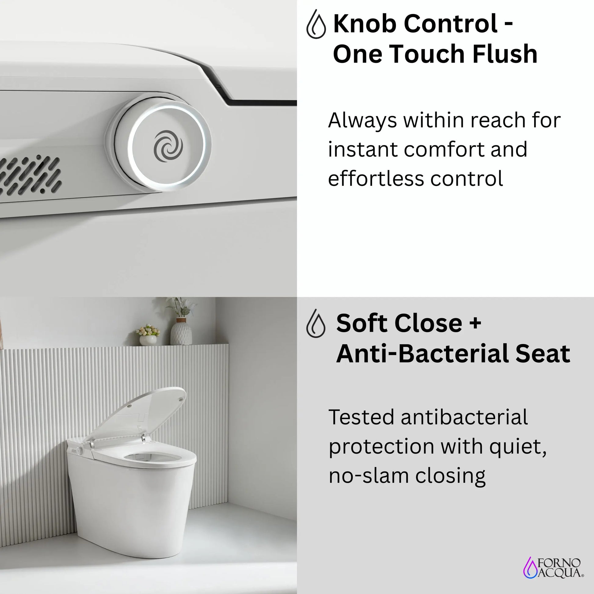 FORNO ACQUA Luxurious Smart Toilet. Includes Auto Flush, Powerful Flush, sleek tankless design Ideal for Powder Rooms. FORNO ACQUA