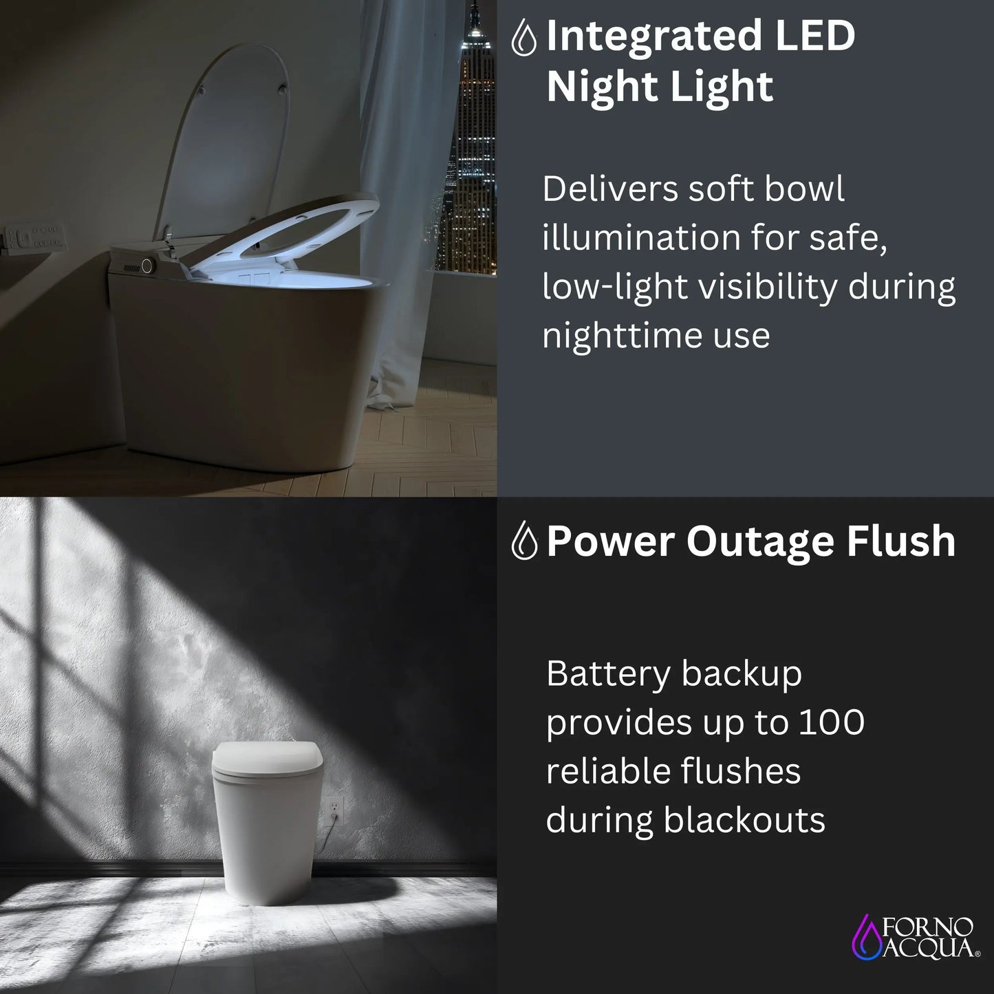FORNO ACQUA Luxurious Smart Toilet. Includes Auto Flush, Auto Lid, Powerful Flush, sleek tankless design Ideal for Powder Rooms. FORNO ACQUA