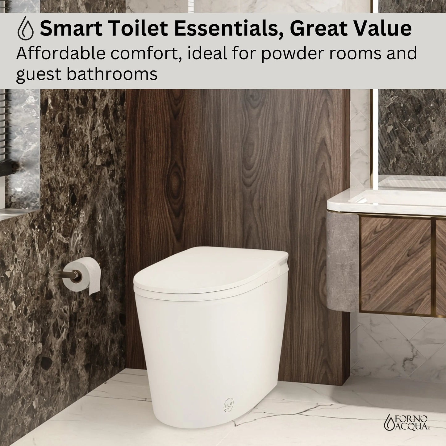 FORNO ACQUA Luxurious Smart Toilet. Includes Auto Flush, Powerful Flush, sleek tankless design Ideal for Powder Rooms. FORNO ACQUA