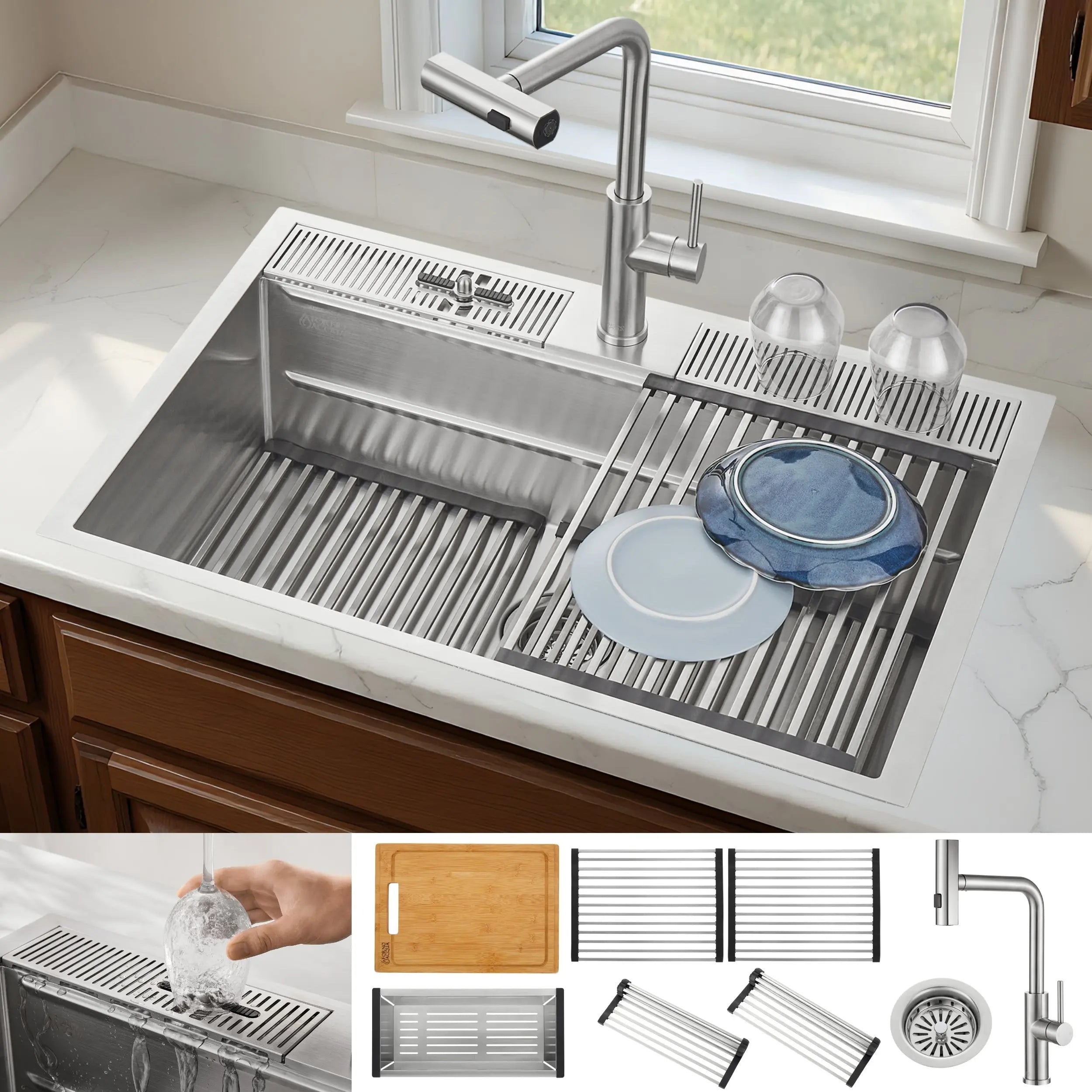 FORNO ACQUA 33 in. Drop-In/Undermount 3-Level Workstation Sink with Waterfall Faucet & Glass Rinser FORNO ACQUA