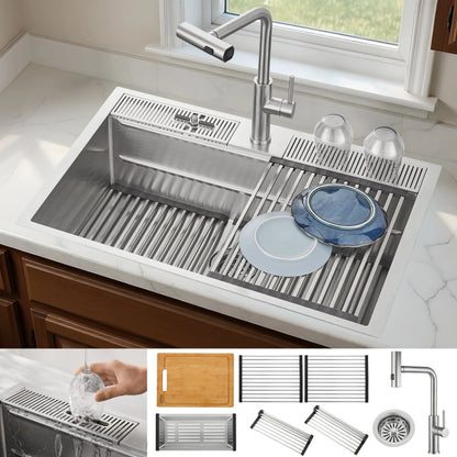 FORNO ACQUA 33 in. Drop-In/Undermount 3-Level Workstation Sink with Waterfall Faucet & Glass Rinser FORNO ACQUA