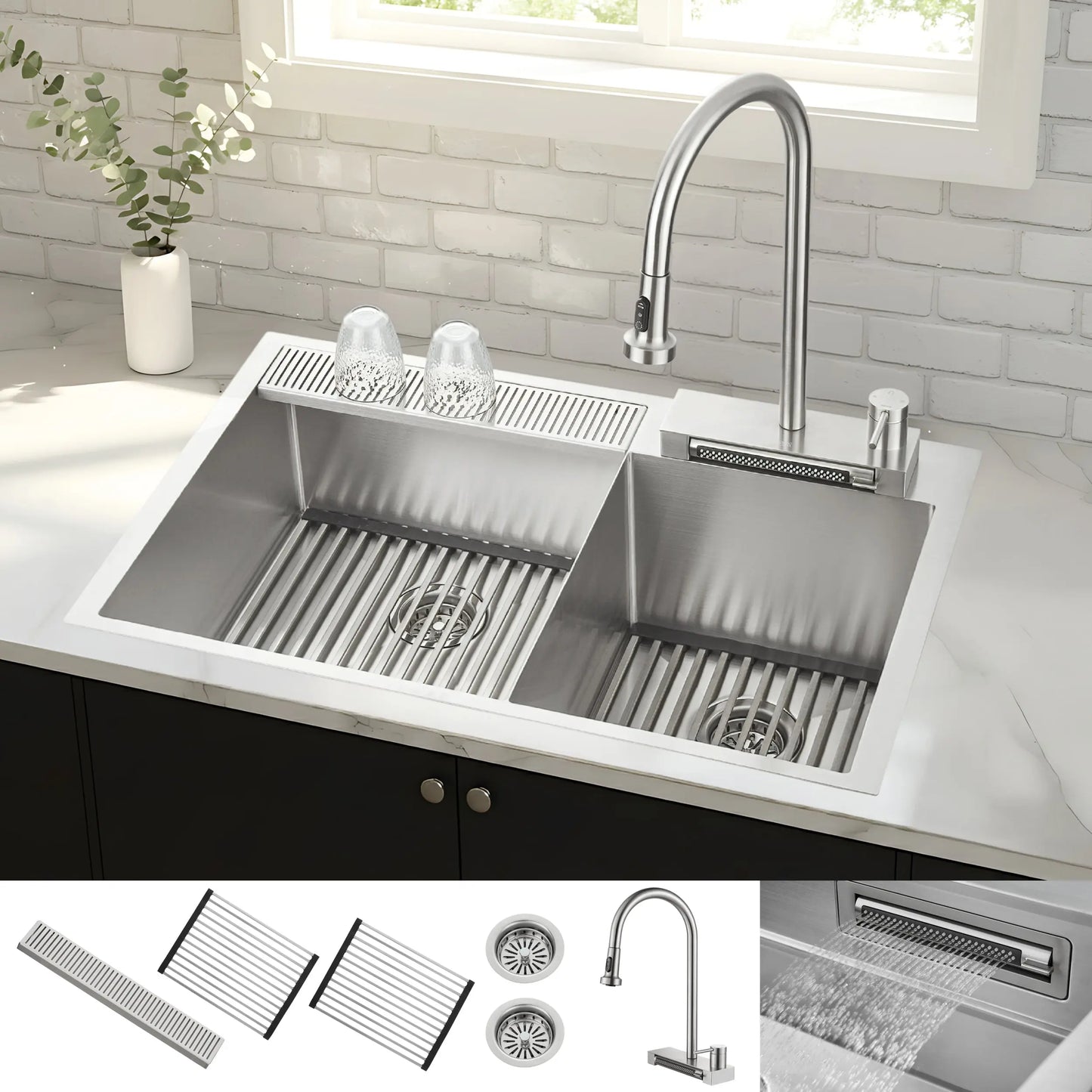 FORNO ACQUA 33 in. Drop-In/Undermount 40/60 Double Bowl Stainless Steel Sink with Waterfall Faucet FORNO ACQUA