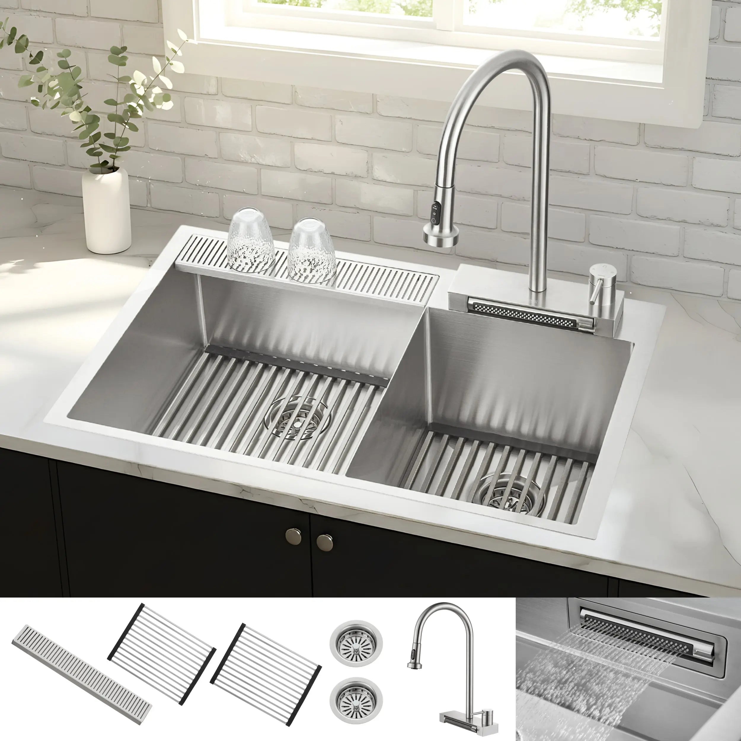 FORNO ACQUA 33 in. Drop-In/Undermount 40/60 Double Bowl Stainless Steel Sink with Waterfall Faucet FORNO ACQUA