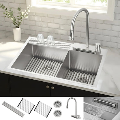 FORNO ACQUA 33 in. Drop-In/Undermount 40/60 Double Bowl Stainless Steel Sink with Waterfall Faucet FORNO ACQUA