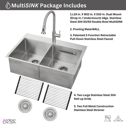 FORNO ACQUA 33 in. Drop-In/Undermount 50/50 Double Bowl Stainless Steel Sink with Faucet & Waterfall FORNO ACQUA