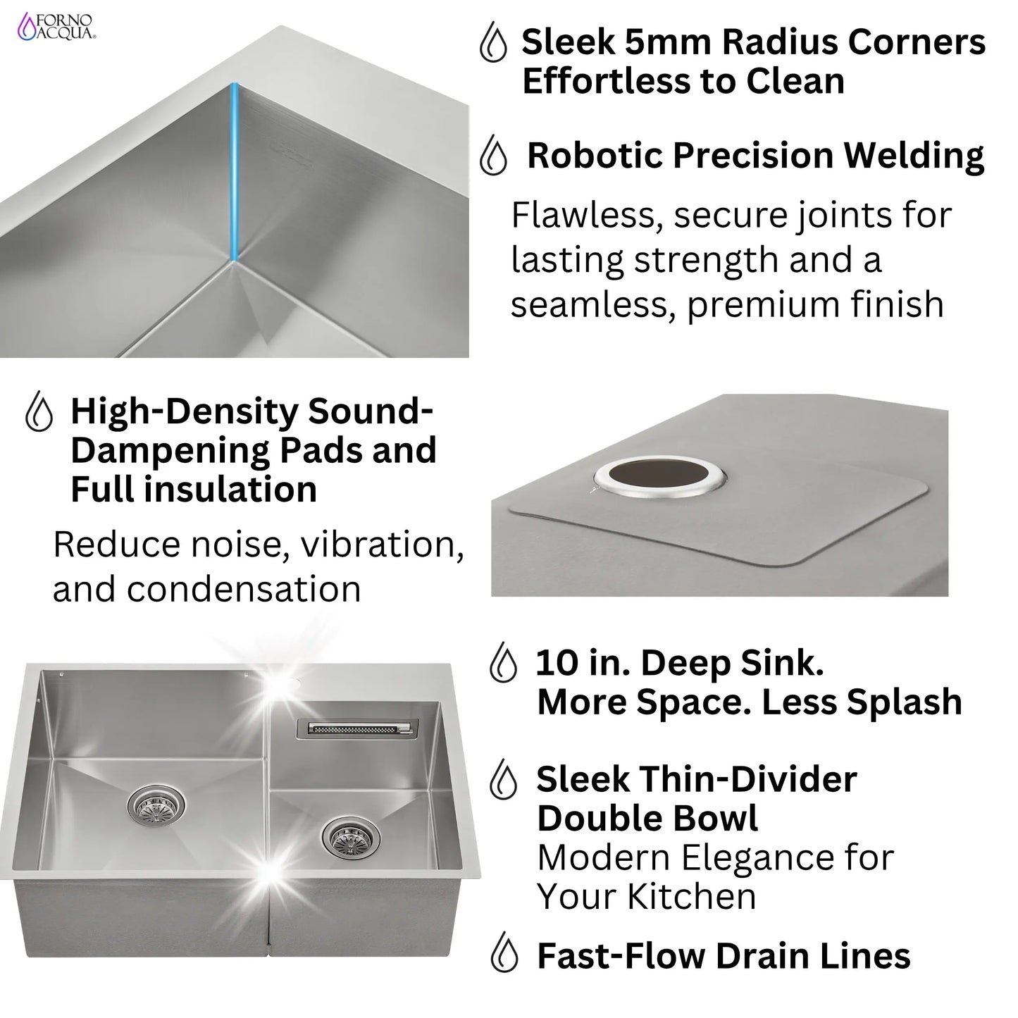 FORNO ACQUA 33 in. Drop-In/Undermount 40/60 Double Bowl Sink with Retractable Faucet & Waterfall FORNO ACQUA