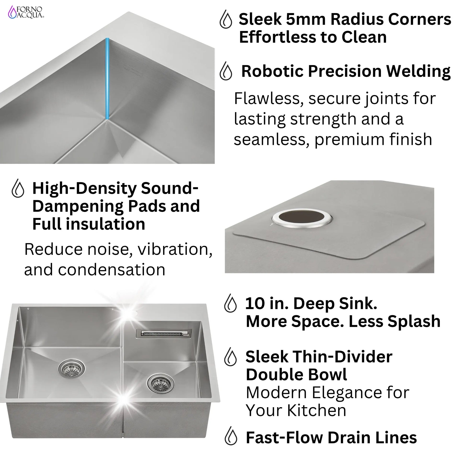 FORNO ACQUA 33 in. Drop-In/Undermount 40/60 Double Bowl Sink with Retractable Faucet & Waterfall FORNO ACQUA