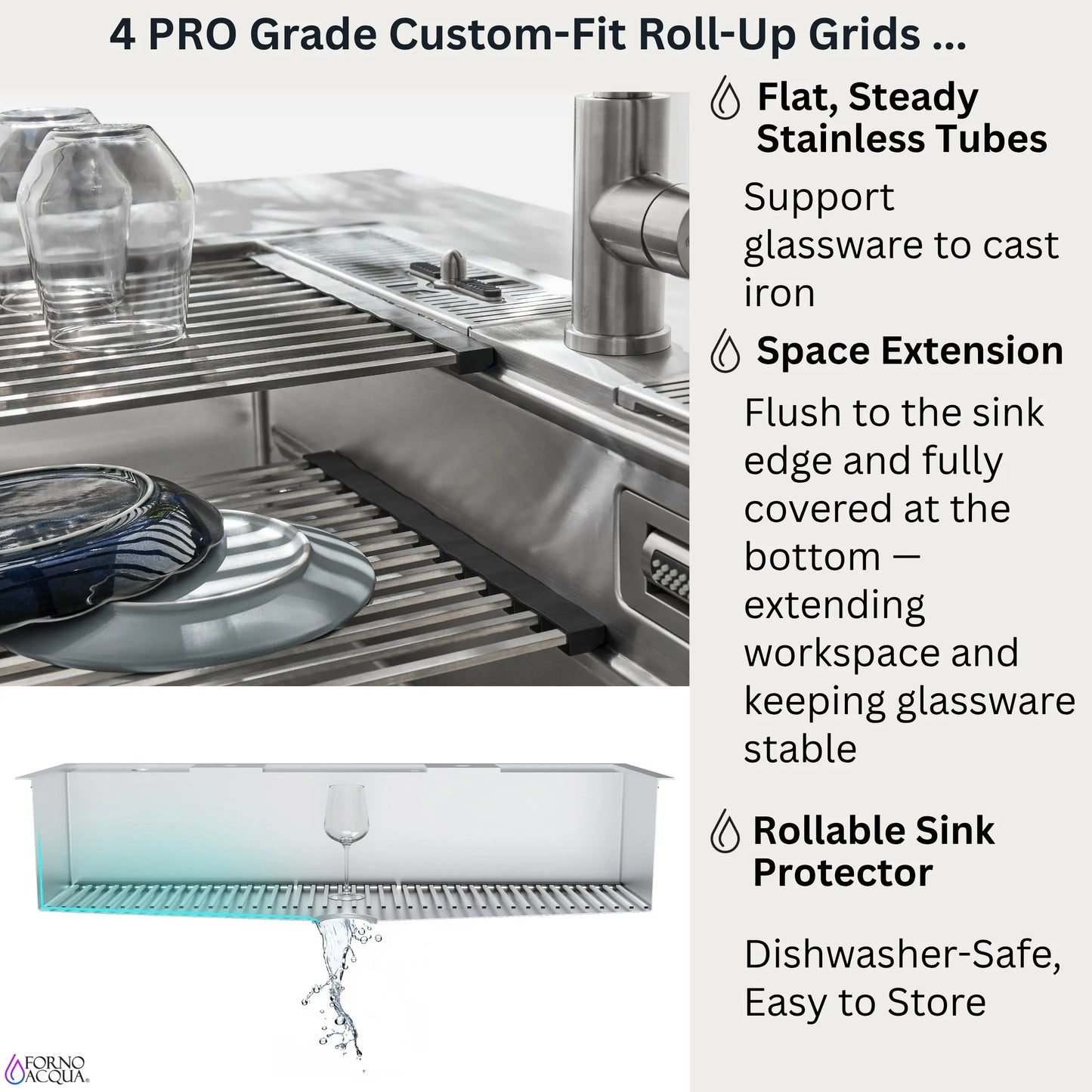 FORNO ACQUA 45 in. Drop-In/Undermount 3-Level Workstation Sink with Two Faucets & Glass Rinser FORNO ACQUA