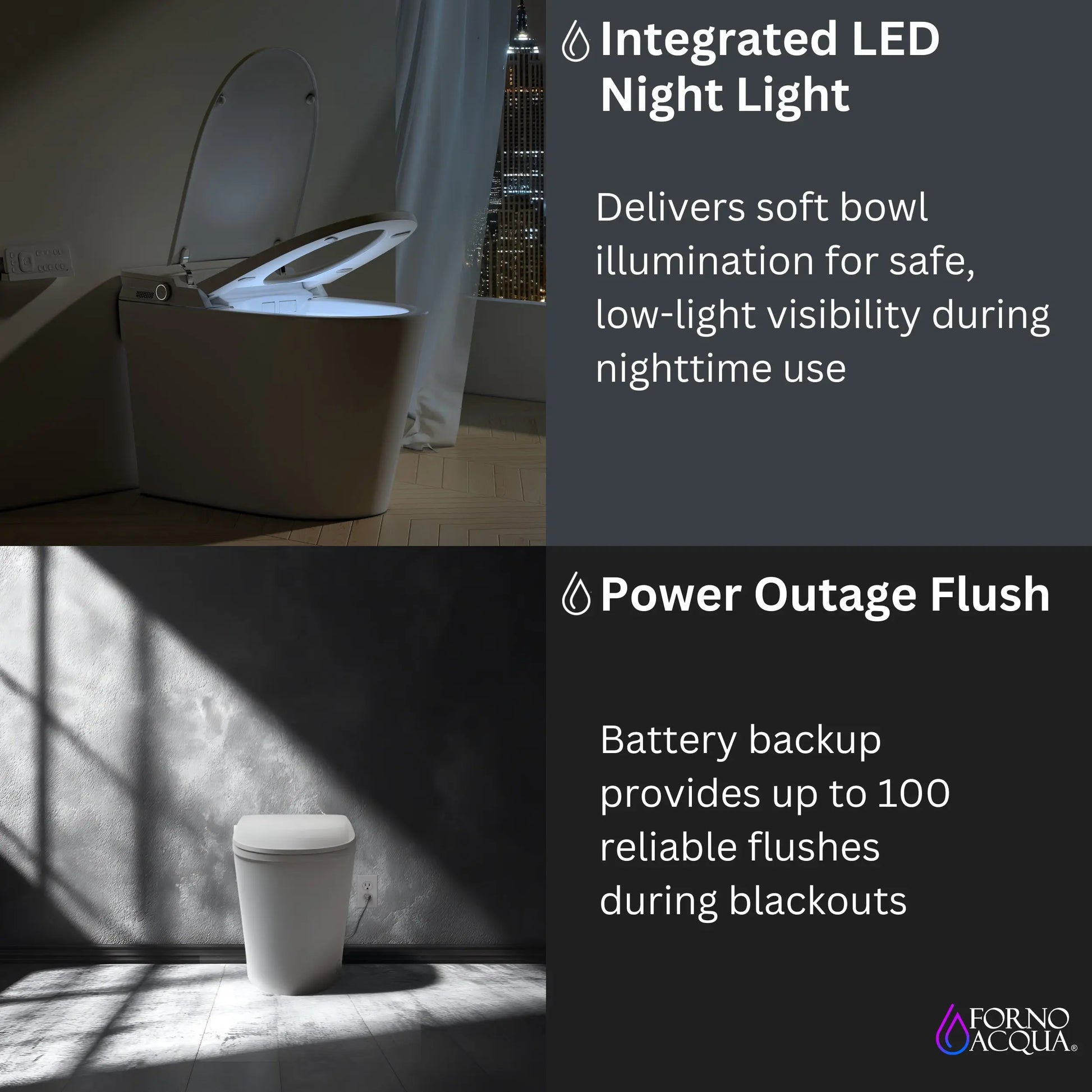 FORNO ACQUA Luxurious Super Smart Toilet. Includes Bidet, Heated Seat, Auto Flush, Auto Lid, Powerful Flush, Ideal for master bathrooms. FORNO ACQUA