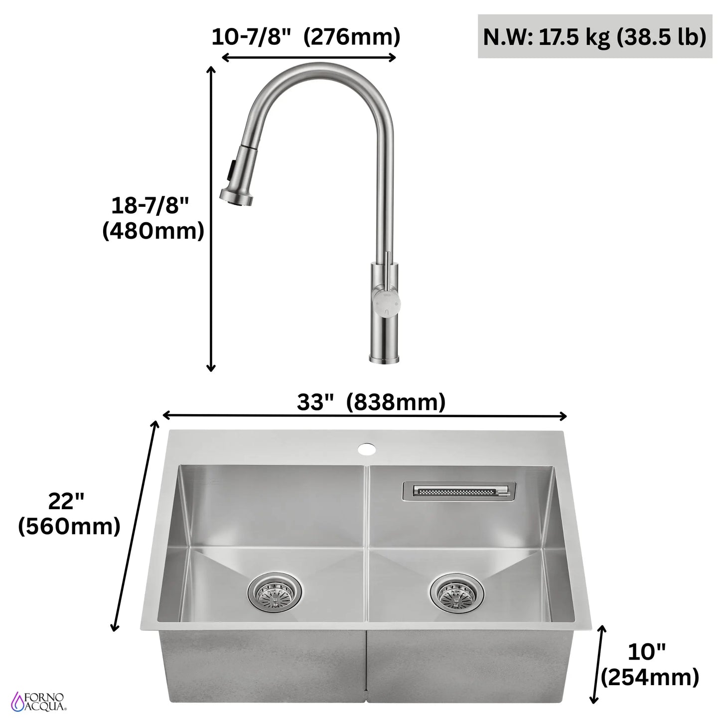 FORNO ACQUA 33 in. Drop-In/Undermount 50/50 Double Bowl Stainless Steel Sink with Faucet & Waterfall FORNO ACQUA