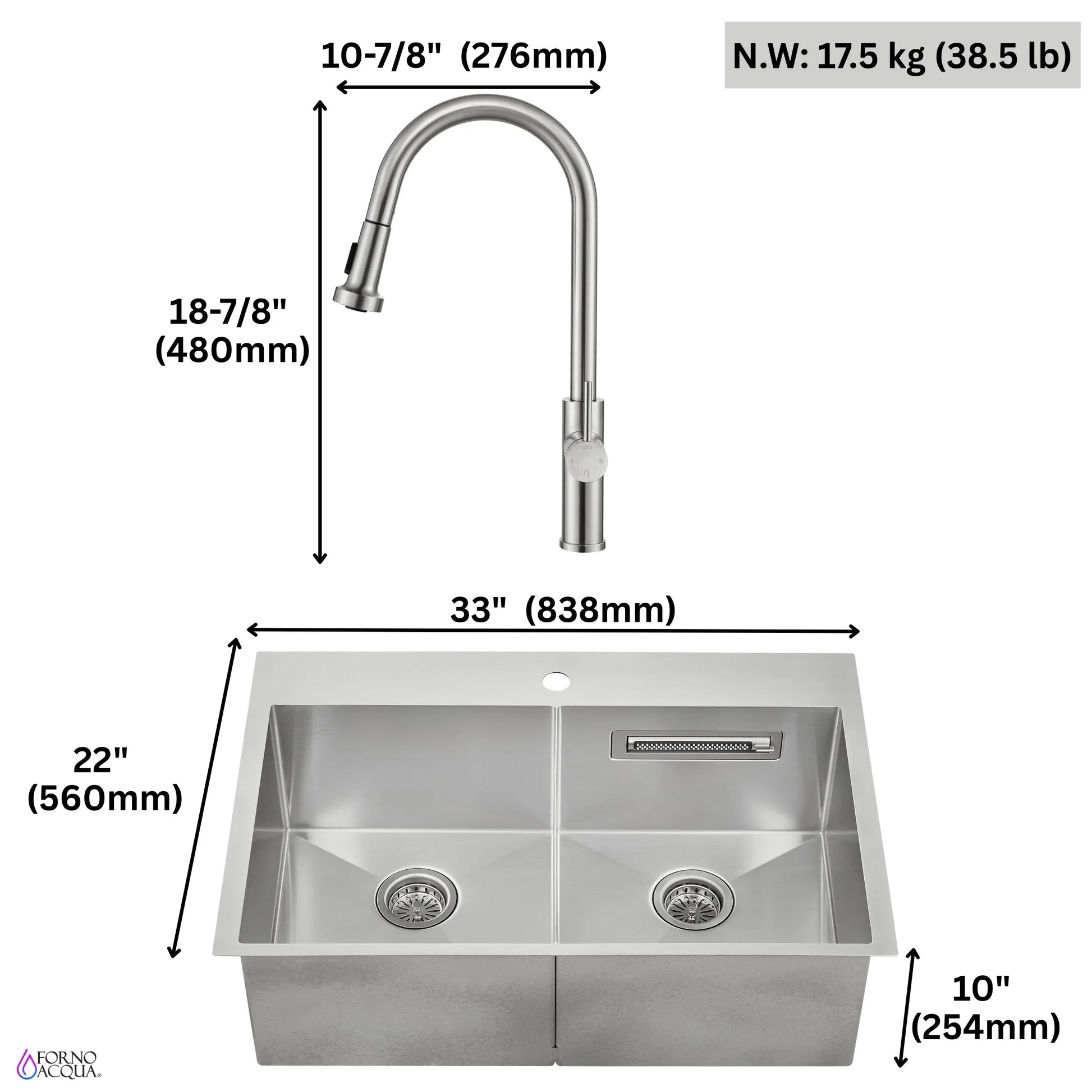 FORNO ACQUA 33 in. Drop-In/Undermount 50/50 Double Bowl Stainless Steel Sink with Faucet & Waterfall FORNO ACQUA