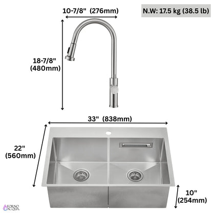FORNO ACQUA 33 in. Drop-In/Undermount 50/50 Double Bowl Stainless Steel Sink with Faucet & Waterfall FORNO ACQUA