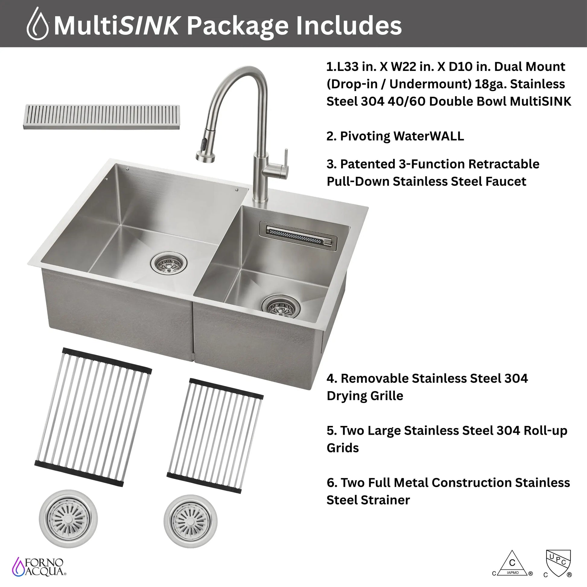 FORNO ACQUA 33 in. Drop-In/Undermount 40/60 Double Bowl Sink with Retractable Faucet & Waterfall FORNO ACQUA