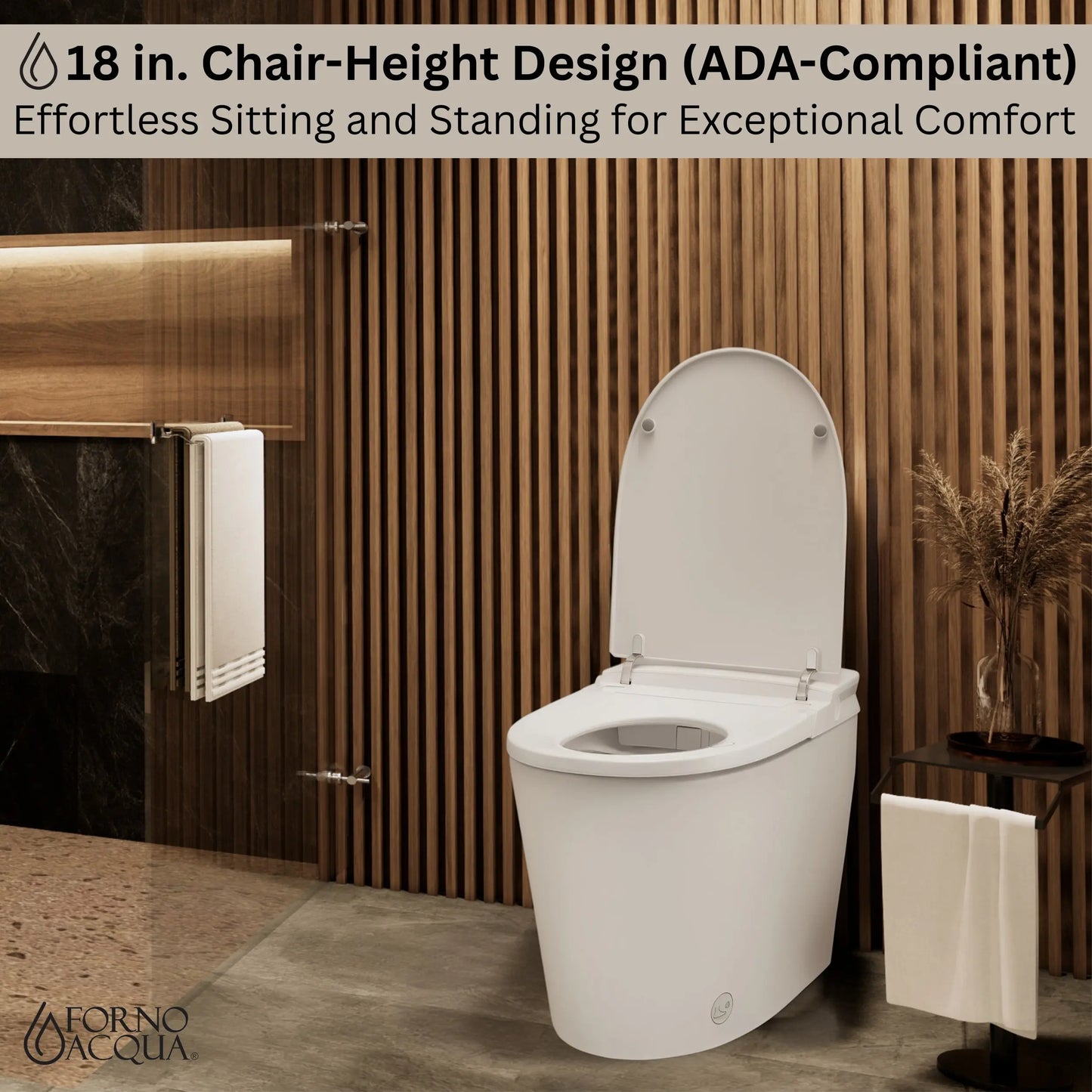 FORNO ACQUA Luxurious Smart Toilet. Includes Auto Flush, Auto Lid, Powerful Flush, sleek tankless design Ideal for Powder Rooms. FORNO ACQUA