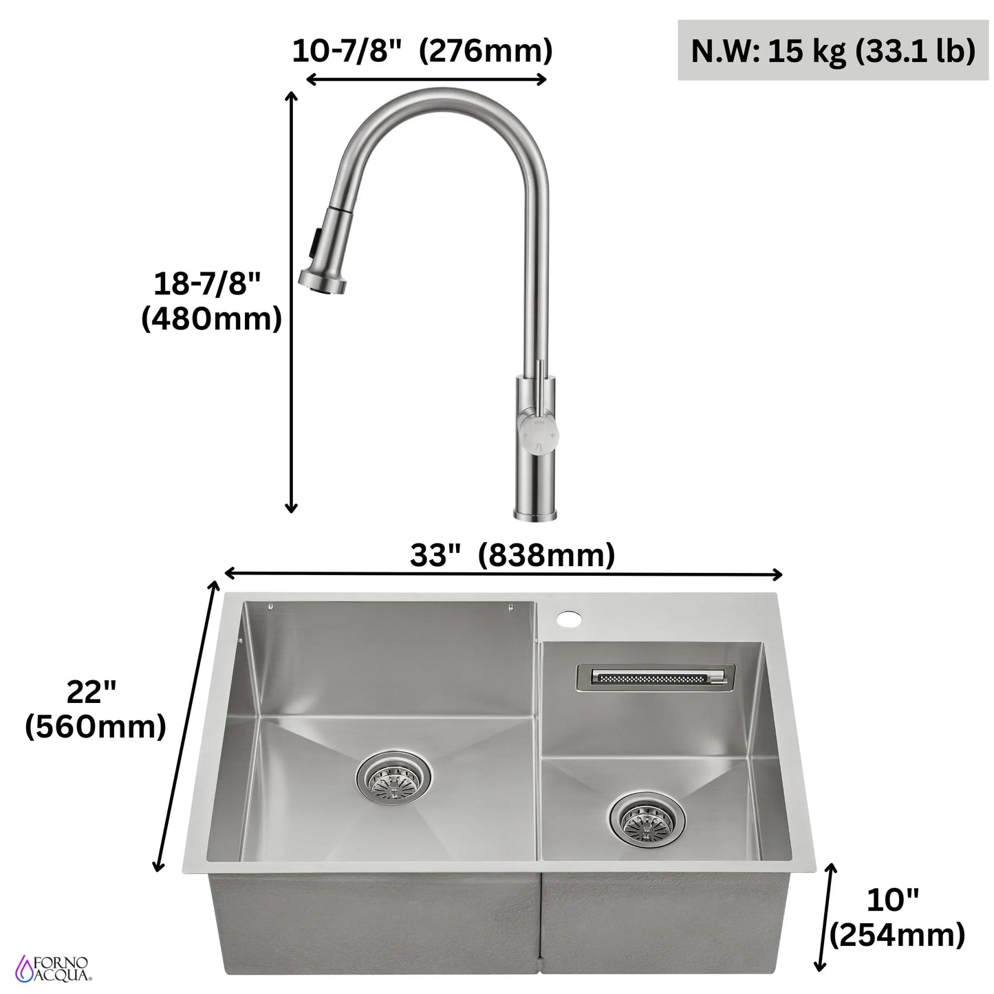 FORNO ACQUA 33 in. Drop-In/Undermount 40/60 Double Bowl Sink with Retractable Faucet & Waterfall FORNO ACQUA