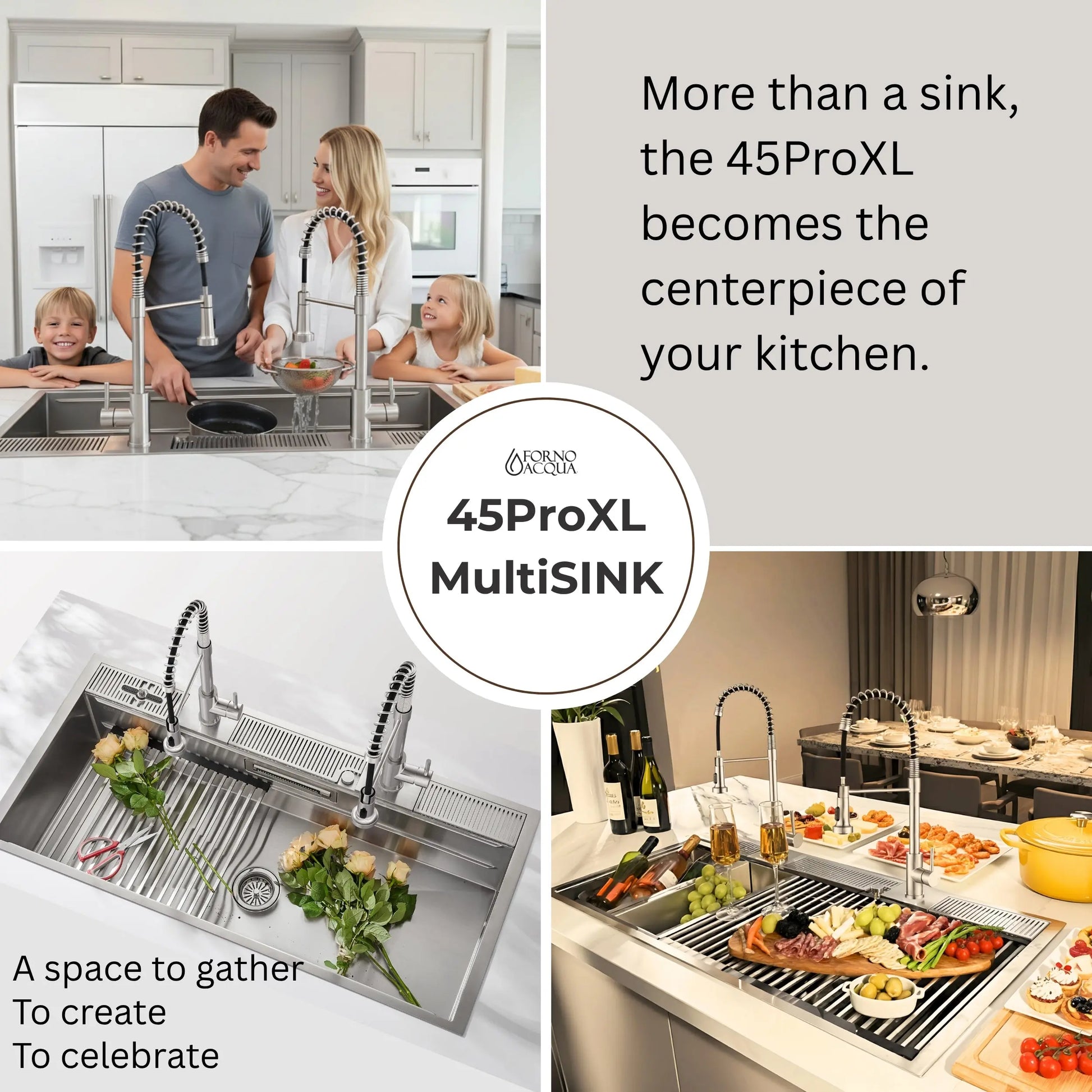 FORNO ACQUA 45 in. Drop-In/Undermount 3-Level Workstation Sink with Two Faucets & Glass Rinser FORNO ACQUA