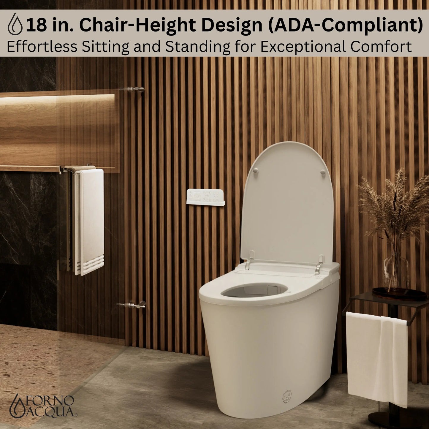 FORNO ACQUA Luxurious Super Smart Toilet. Includes Bidet, Heated Seat, Auto Flush, Auto Lid, Powerful Flush, Ideal for master bathrooms. FORNO ACQUA