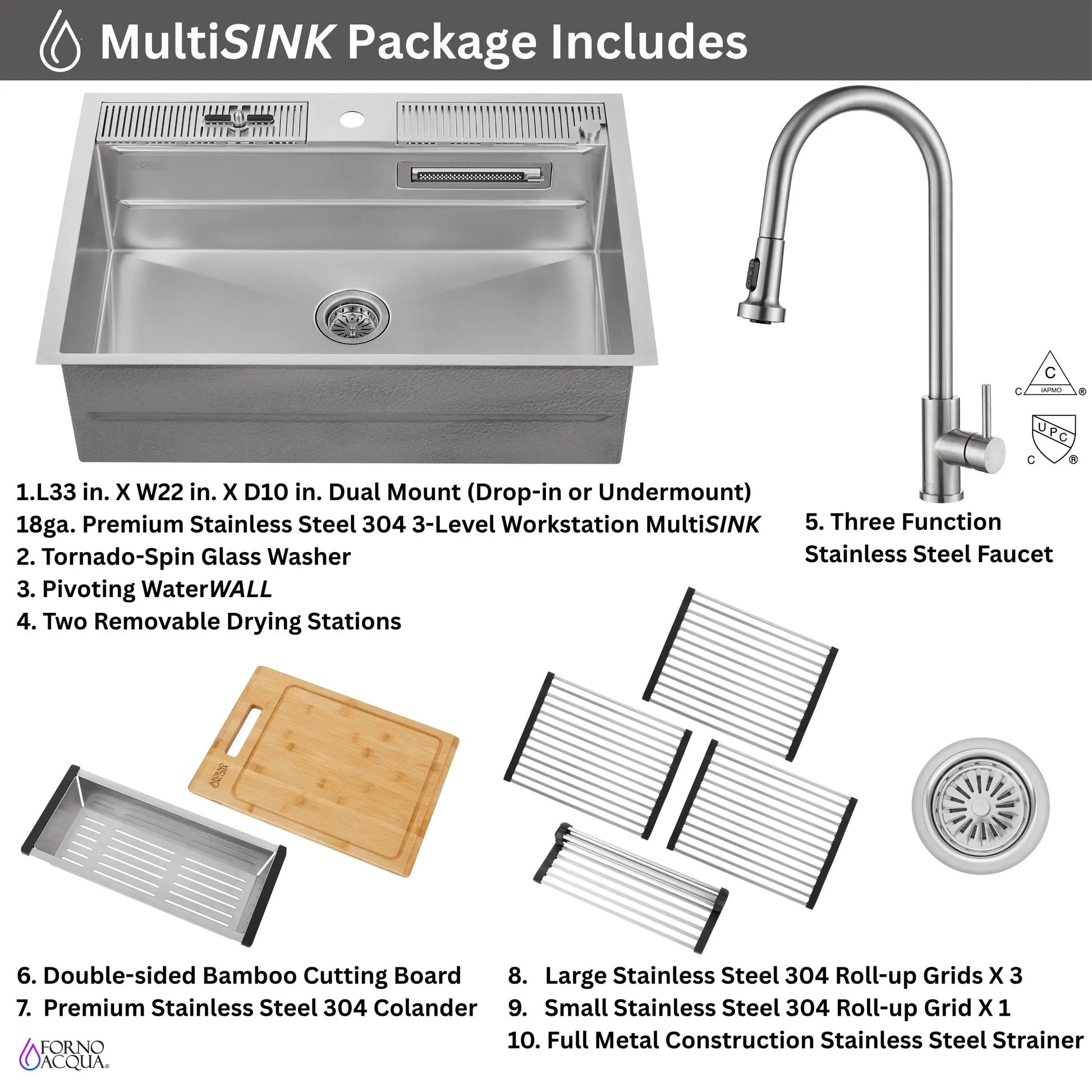 FORNO ACQUA 33 in. Drop-In/Undermount 3-Level Workstation Sink with Faucet, Waterfall & Glass Rinser FORNO ACQUA