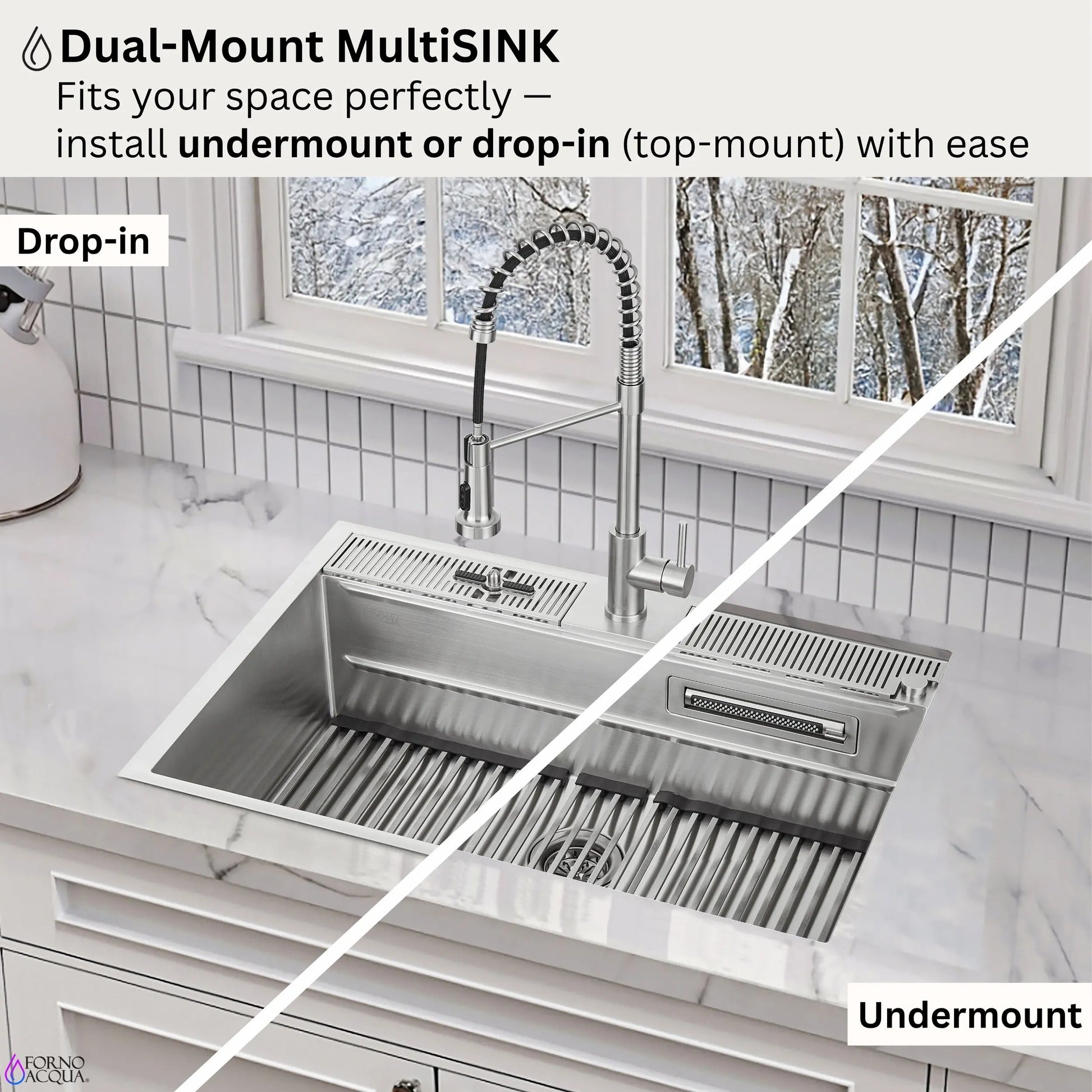 FORNO ACQUA 33 in. Drop-In/Undermount 3-Level Workstation Sink with Waterfall Faucet & Glass Rinser FORNO ACQUA