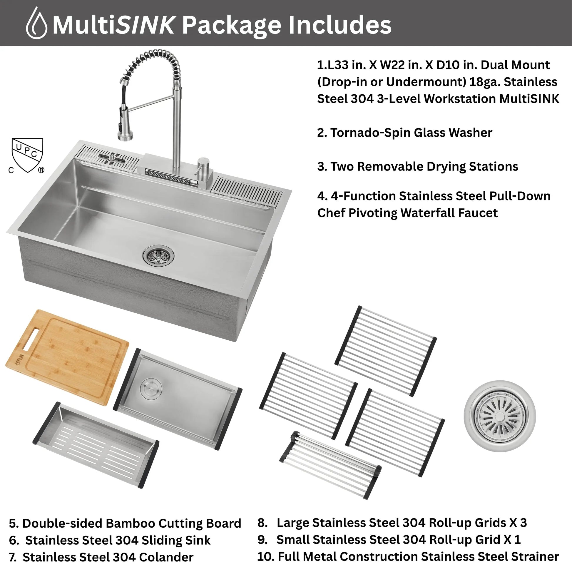 FORNO ACQUA 33 in. Drop-In/Undermount 3-Level MultiSINK Workstation Sink with Waterfall Faucet & Glass Rinser FORNO ACQUA