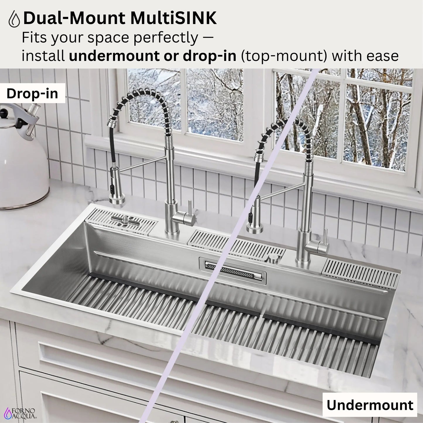 FORNO ACQUA 45 in. Drop-In/Undermount 3-Level Workstation Sink with Two Faucets & Glass Rinser FORNO ACQUA
