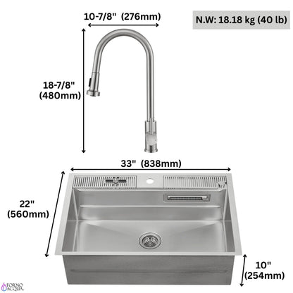 FORNO ACQUA 33 in. Drop-In/Undermount 3-Level Workstation Sink with Faucet, Waterfall & Glass Rinser FORNO ACQUA