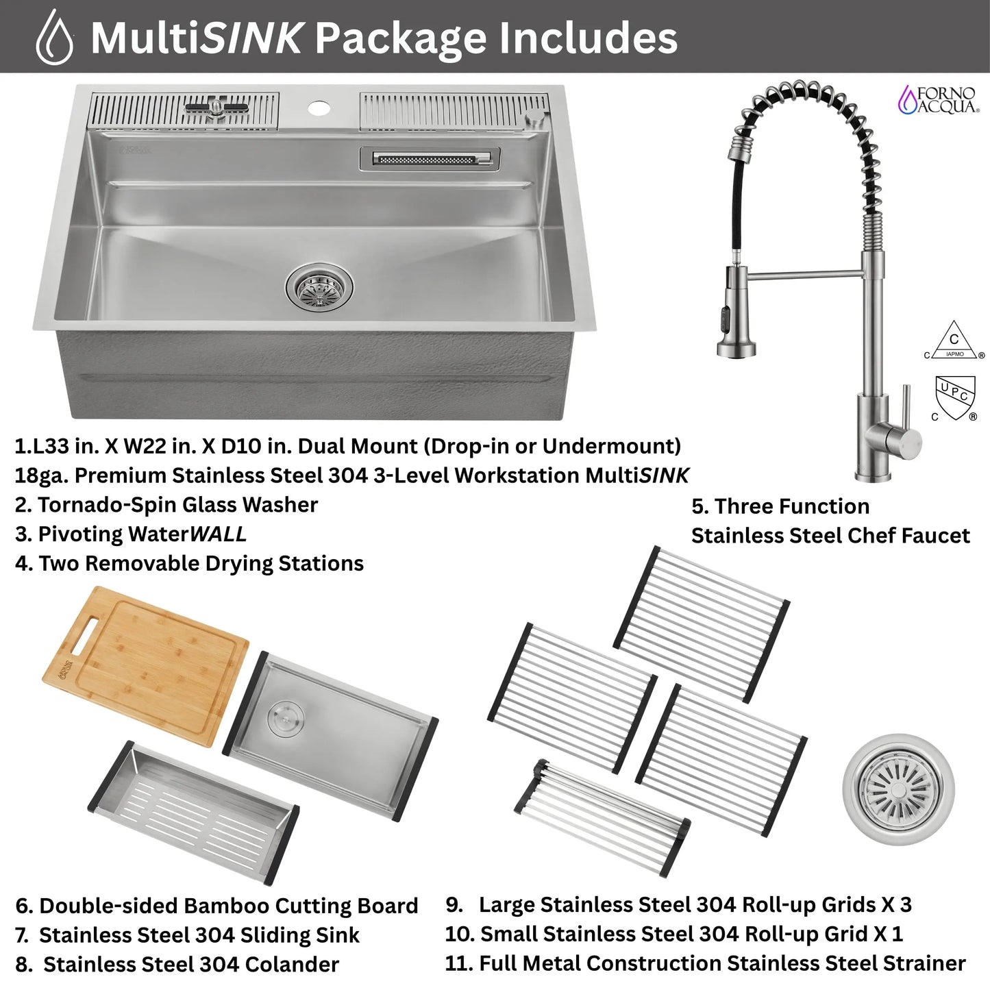FORNO ACQUA MultiSINK kit with Integrated Waterfall Rinsing and Glass Washing Station.  Includes Chef Faucet and Accessories. FORNO ACQUA