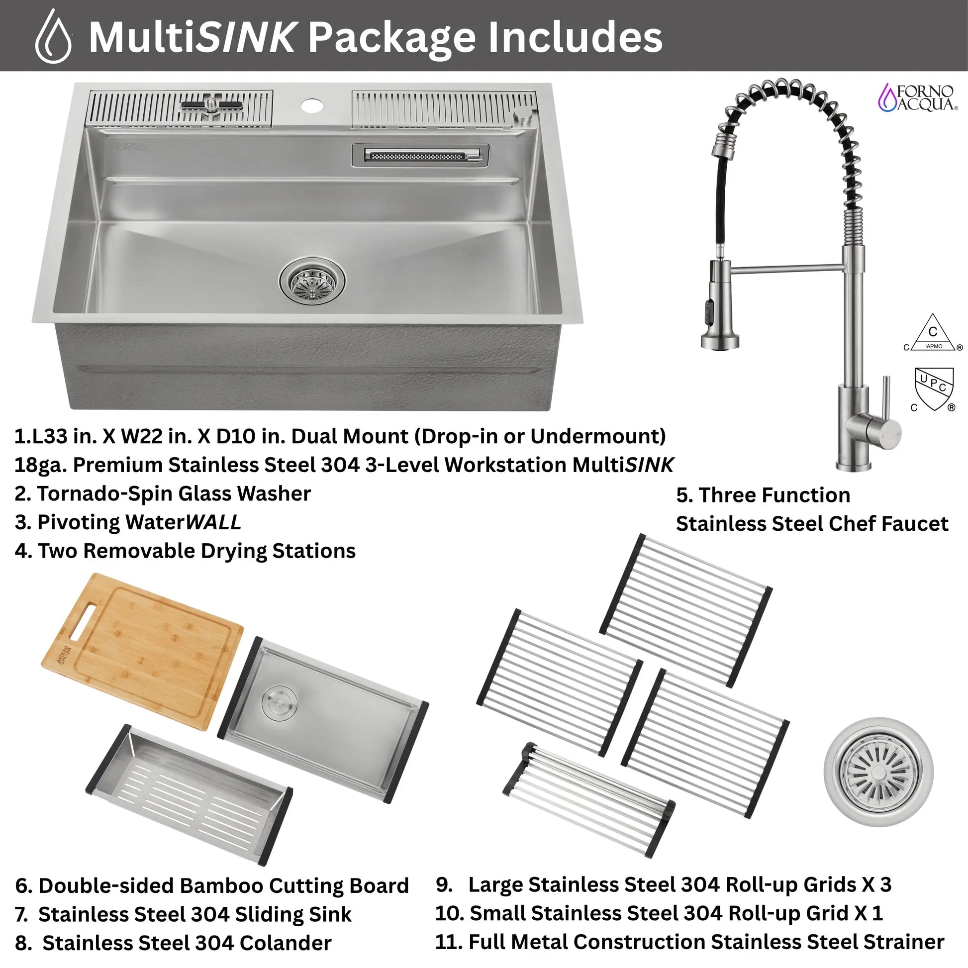 FORNO ACQUA MultiSINK kit with Integrated Waterfall Rinsing and Glass Washing Station.  Includes Chef Faucet and Accessories. FORNO ACQUA