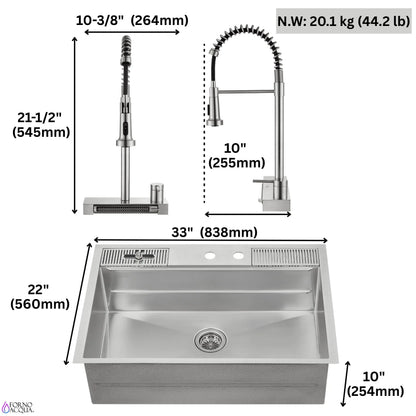 FORNO ACQUA 33 in. Drop-In/Undermount 3-Level MultiSINK Workstation Sink with Waterfall Faucet & Glass Rinser FORNO ACQUA