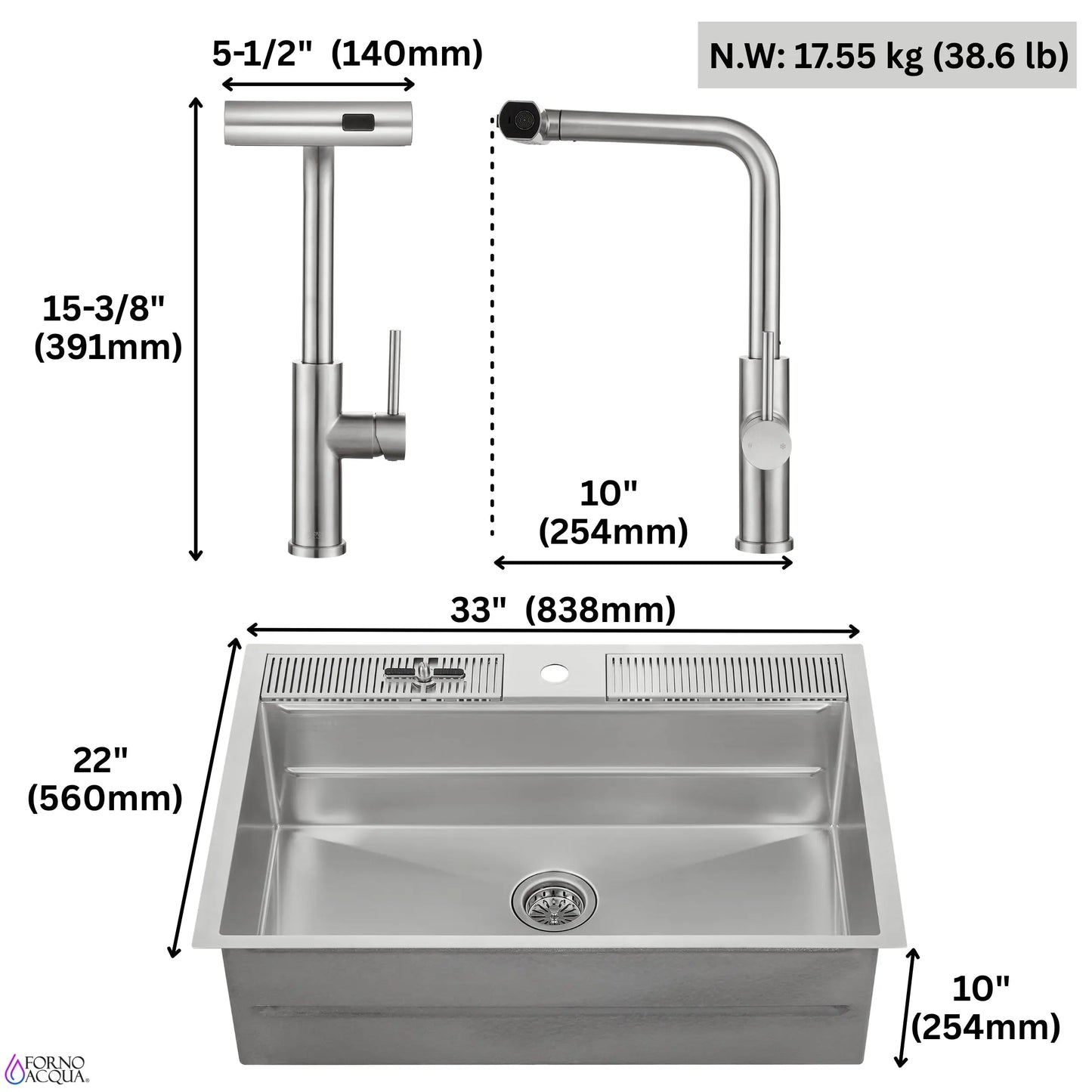 FORNO ACQUA 33 in. Drop-In/Undermount 3-Level Workstation Sink with Waterfall Faucet & Glass Rinser FORNO ACQUA