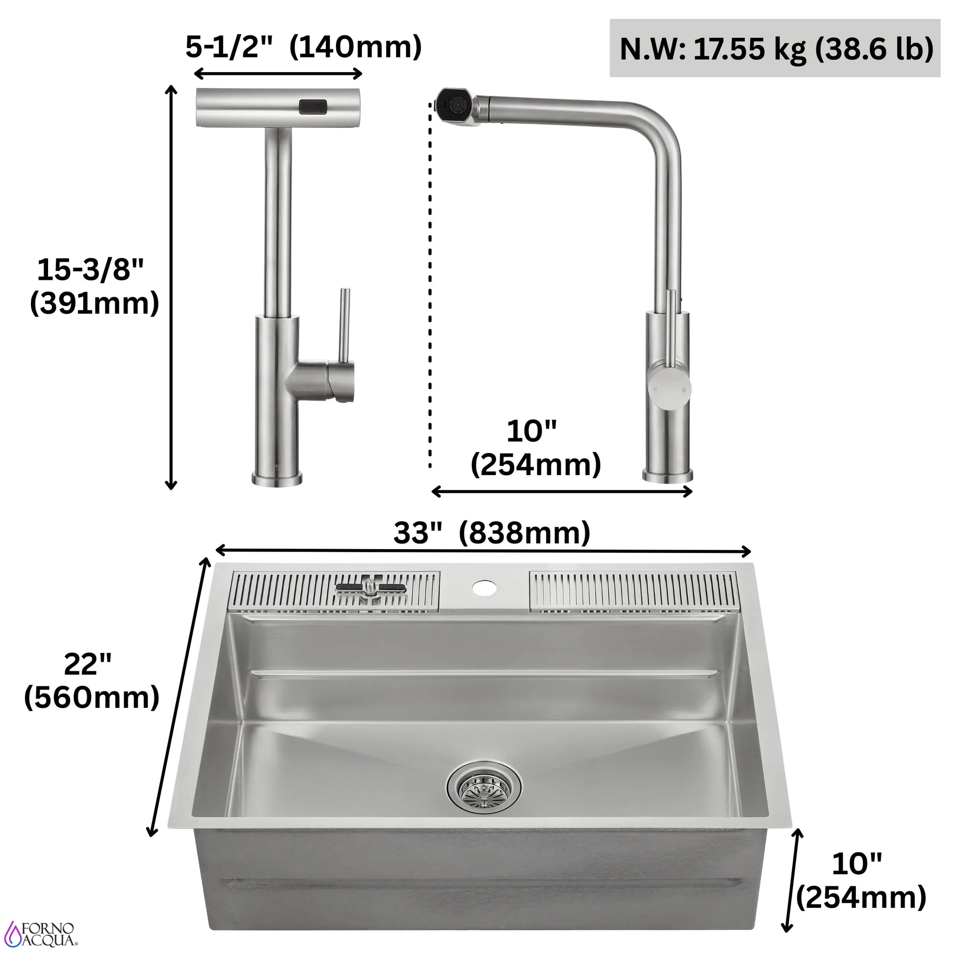 FORNO ACQUA 33 in. Drop-In/Undermount 3-Level Workstation Sink with Waterfall Faucet & Glass Rinser FORNO ACQUA